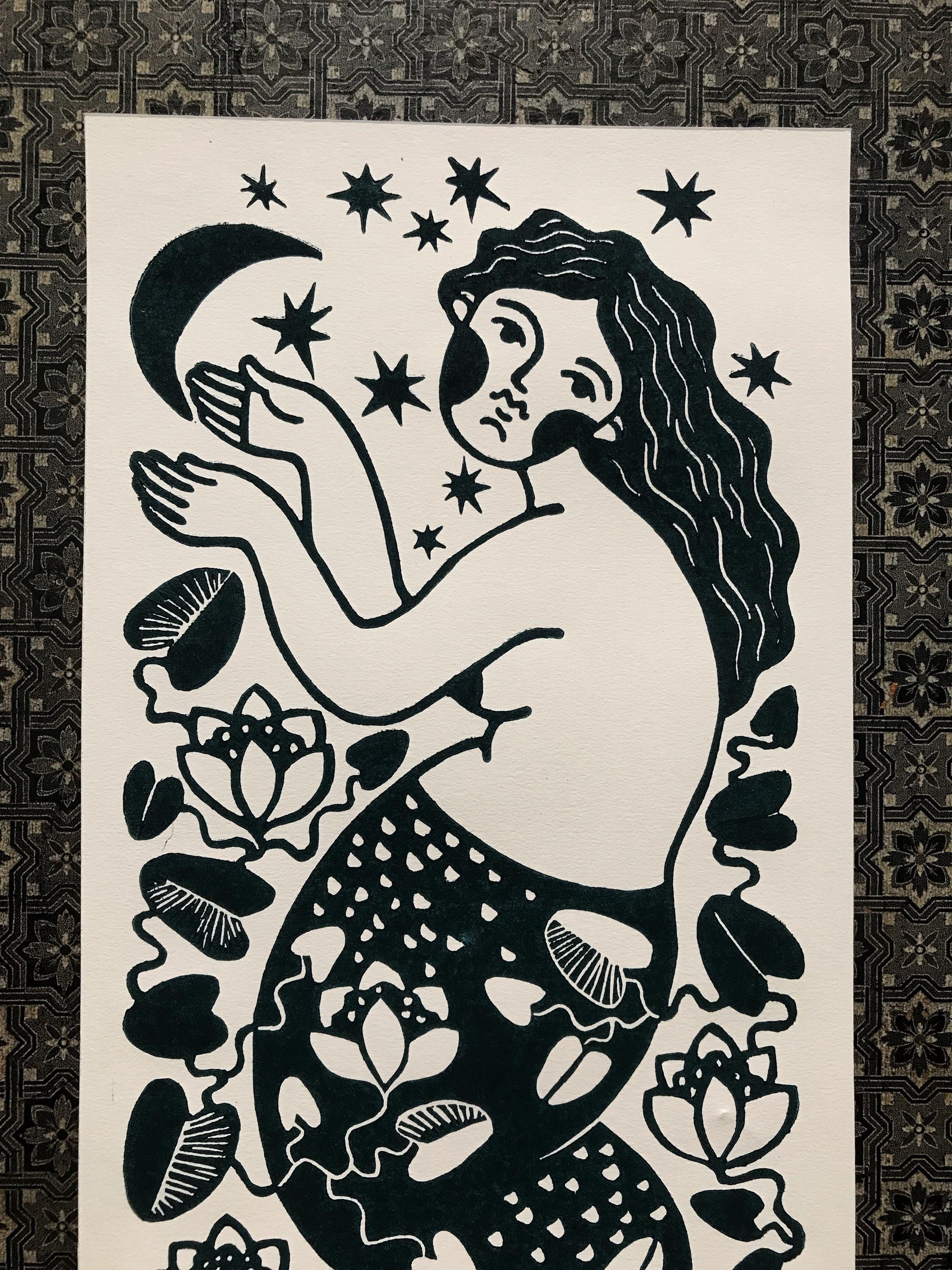 Hand-carved relief print “Mermaid and Moon”