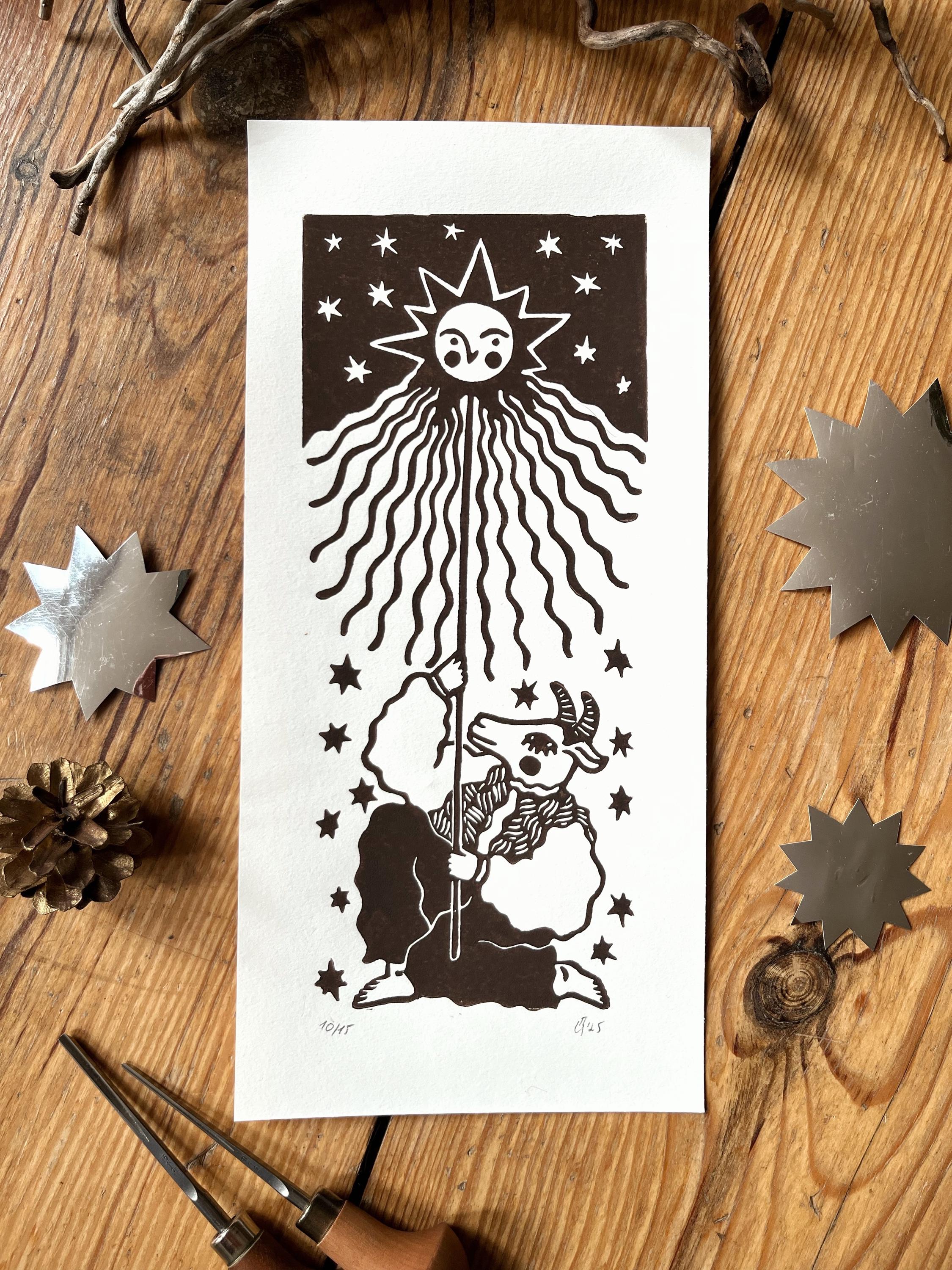 Original linocut print “Goat Dance”