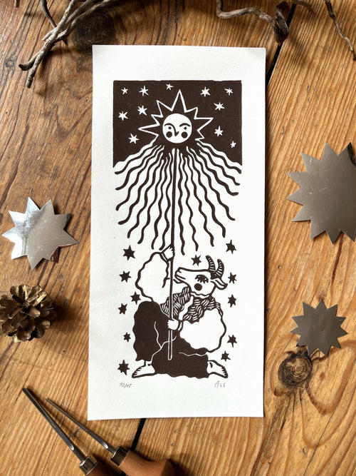 Original linocut print “Goat Dance”