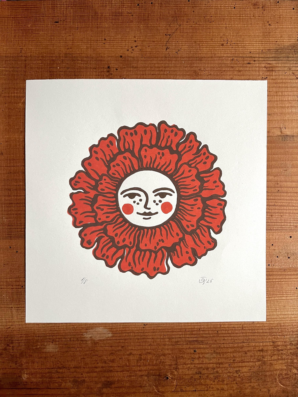 Hand-carved two-colour relief print “Happy Flower“