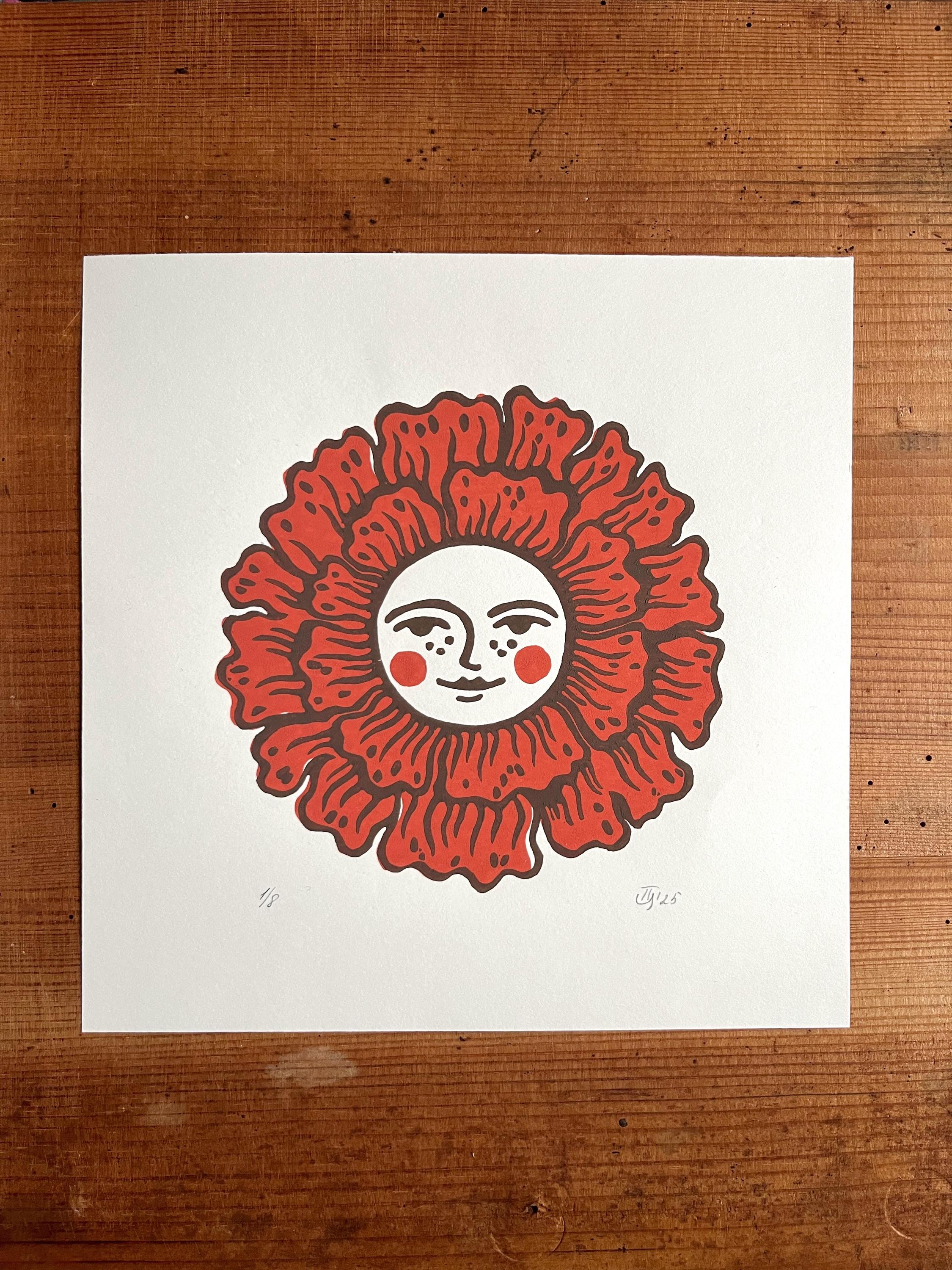 Hand-carved two-colour relief print “Happy Flower“