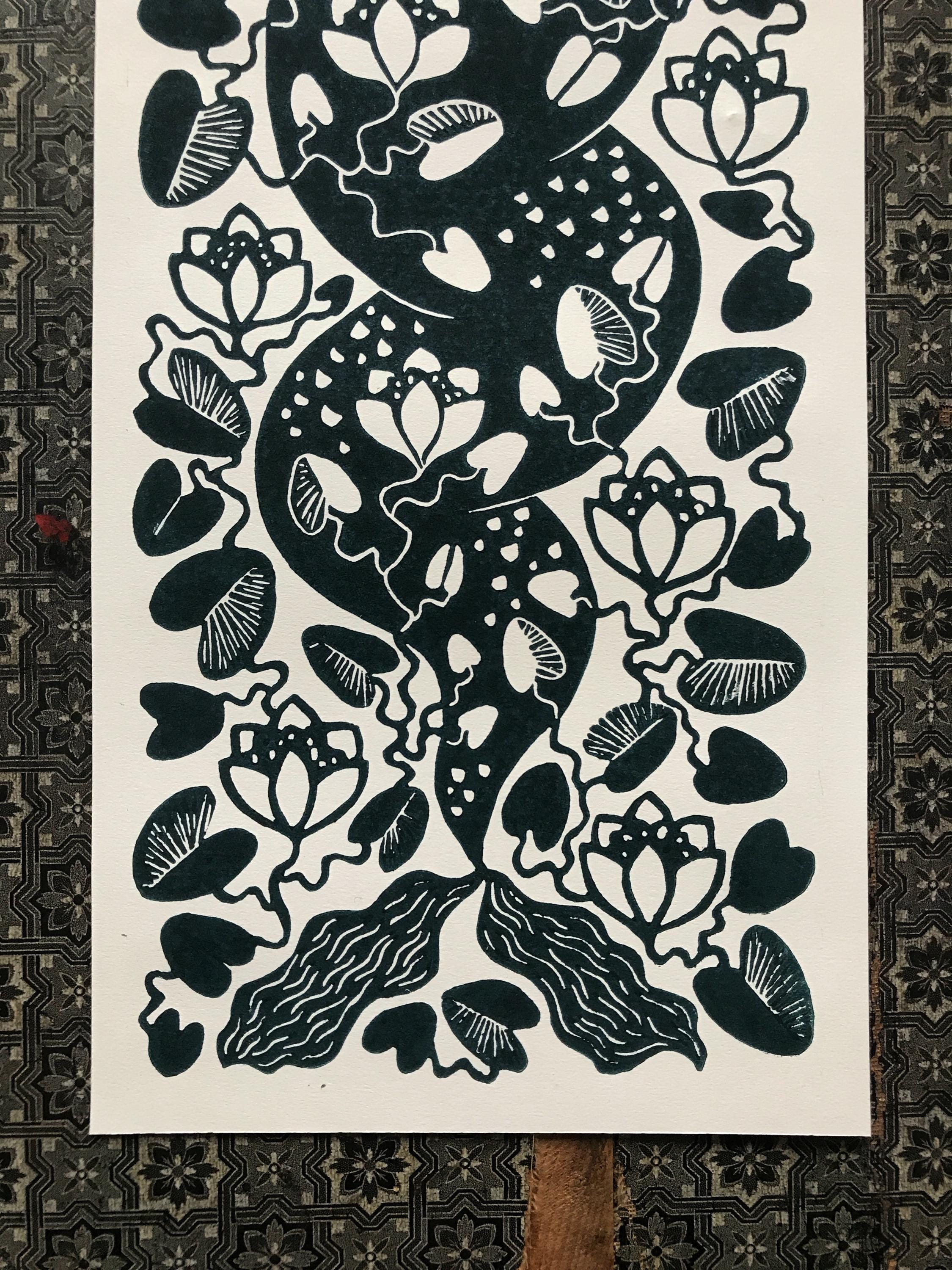 Hand-carved relief print “Mermaid and Moon”
