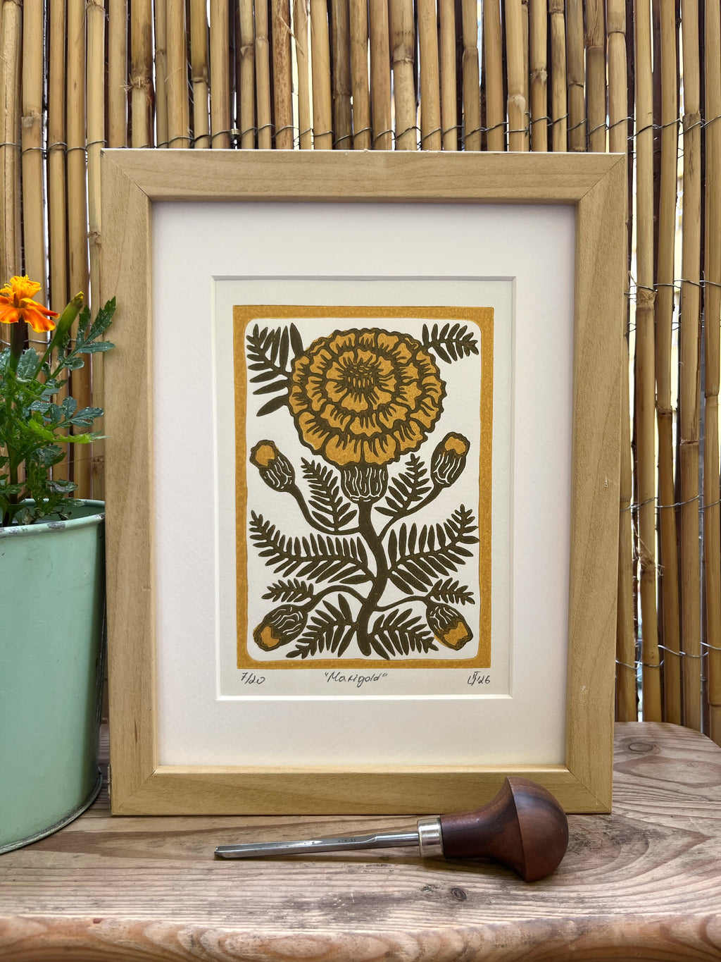 Limited edition hand-carved two-colour linocut print “Marigold Flower“ + Seeds
