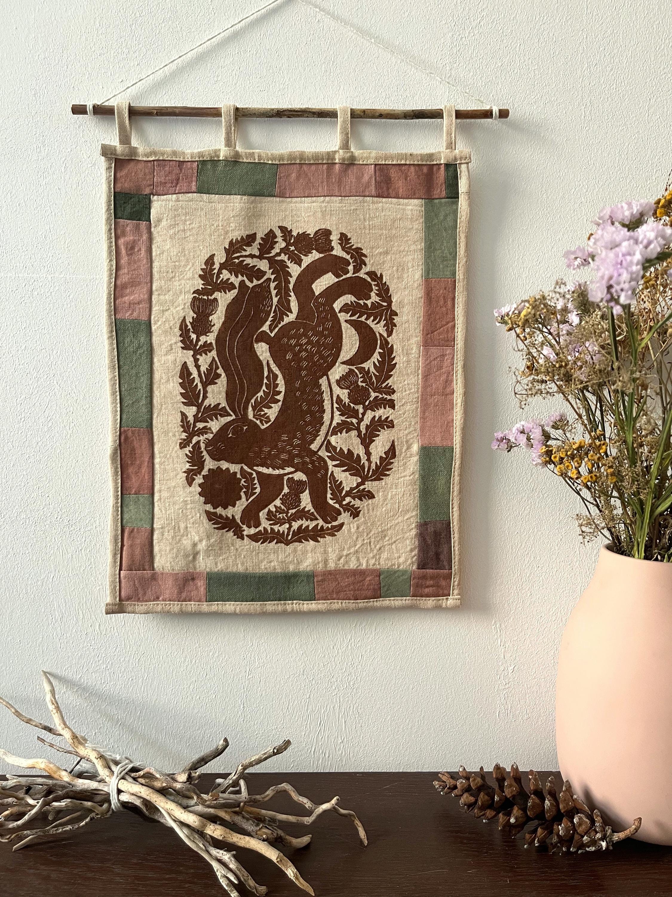 Hand-printed fabric tapestry with quilted frame “Hare and thistle”
