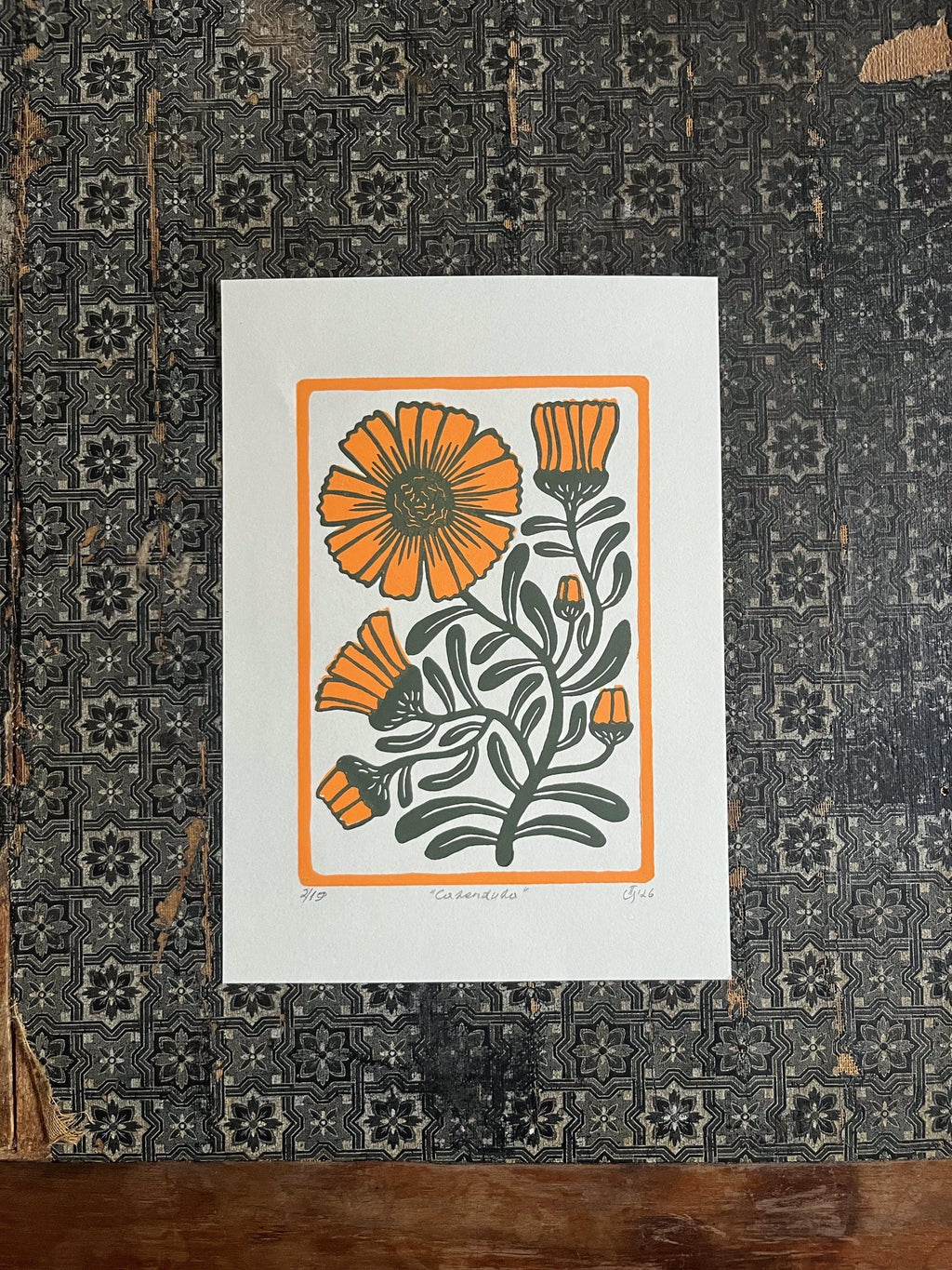 Limited edition hand-carved two-colour linocut print “Calendula Flower“ + Seeds