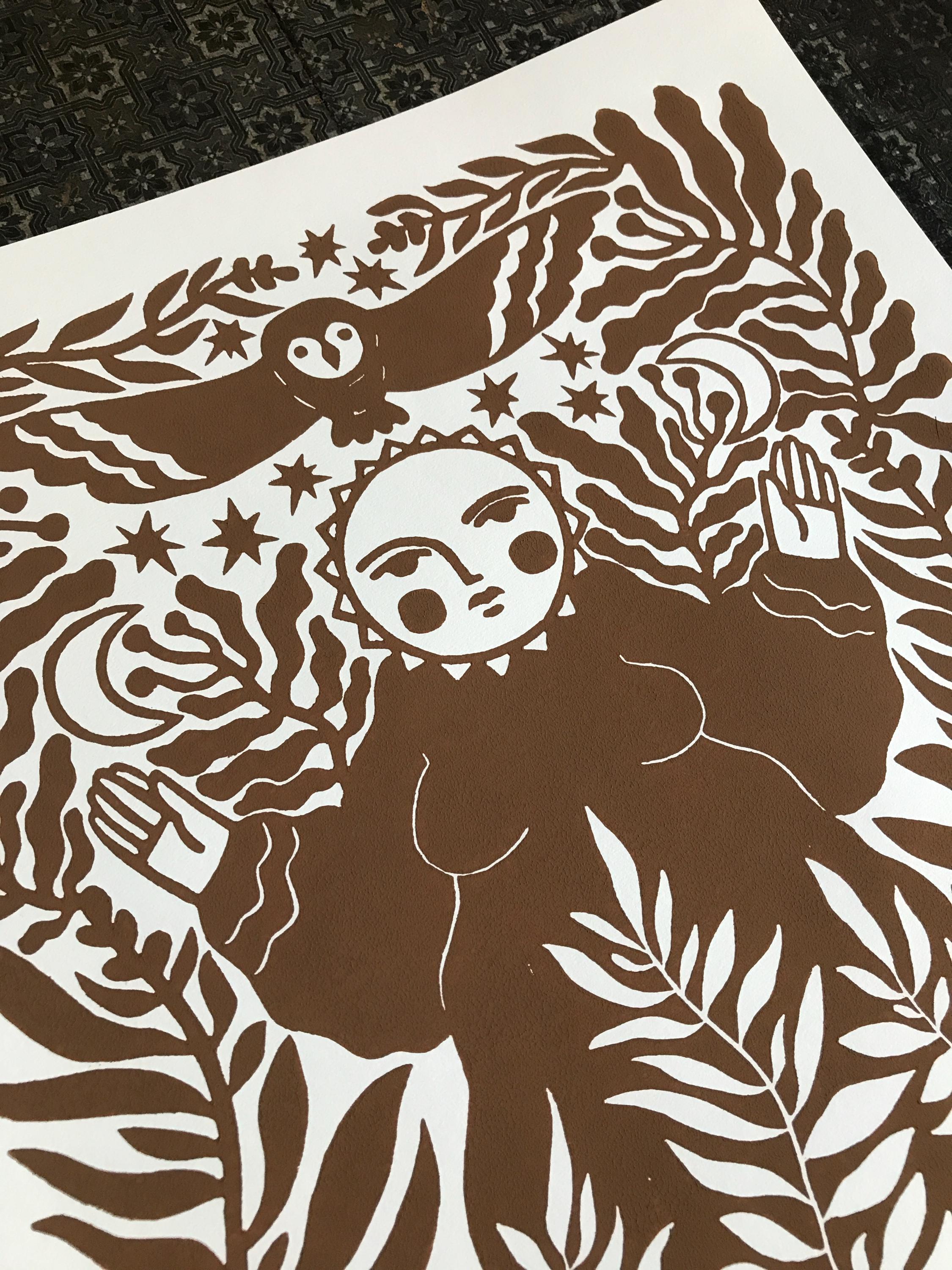 Hand-printed linocut “Sun Goddess”