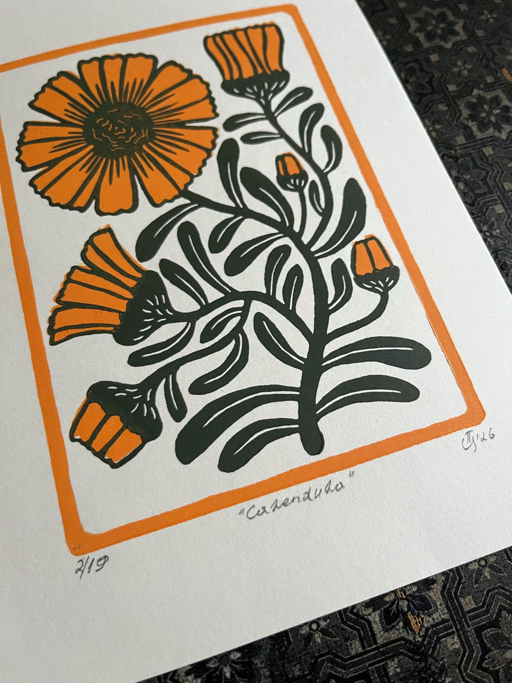 Limited edition hand-carved two-colour linocut print “Calendula Flower“ + Seeds