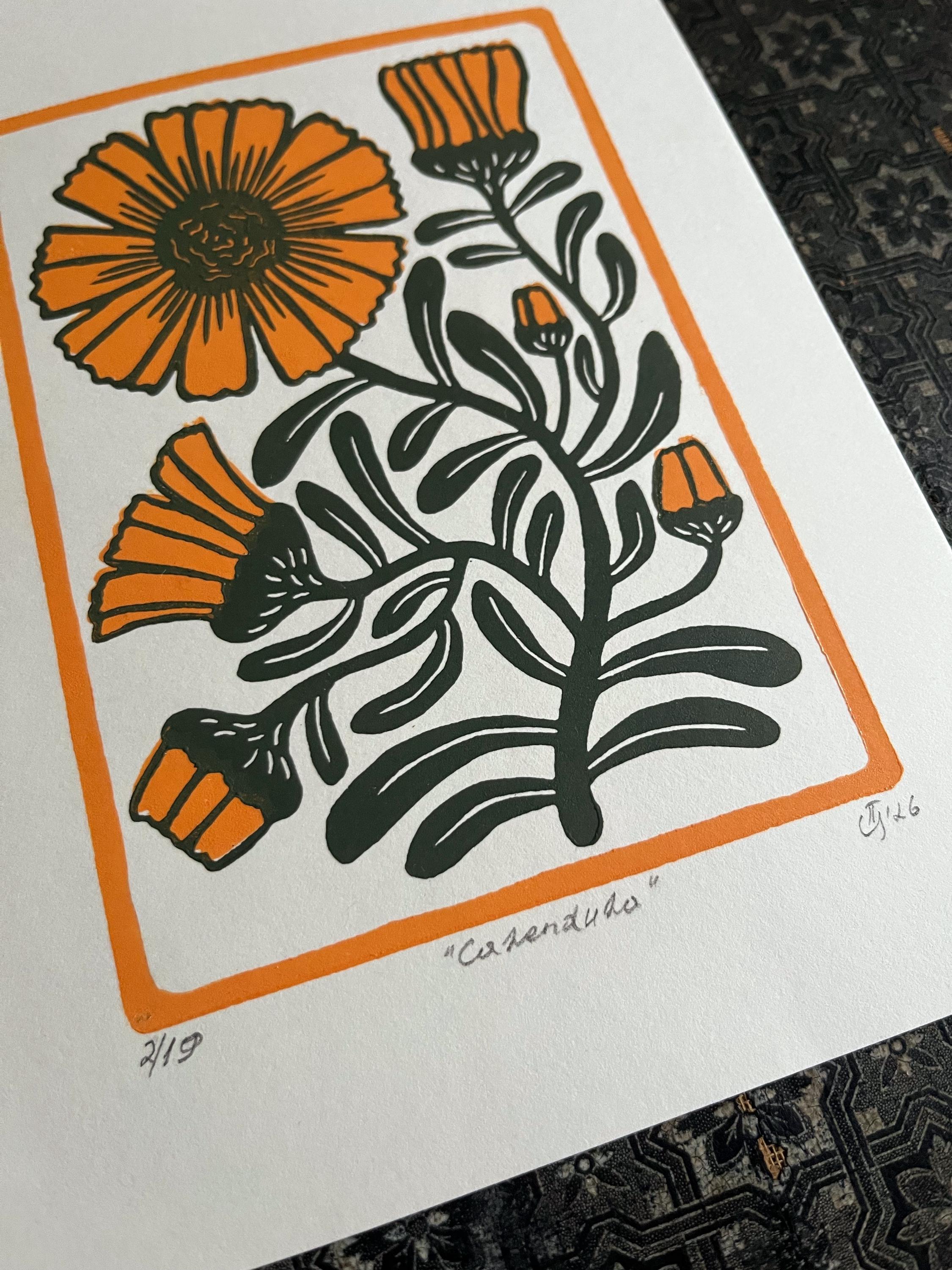 Limited edition hand-carved two-colour linocut print “Calendula Flower“ + Seeds