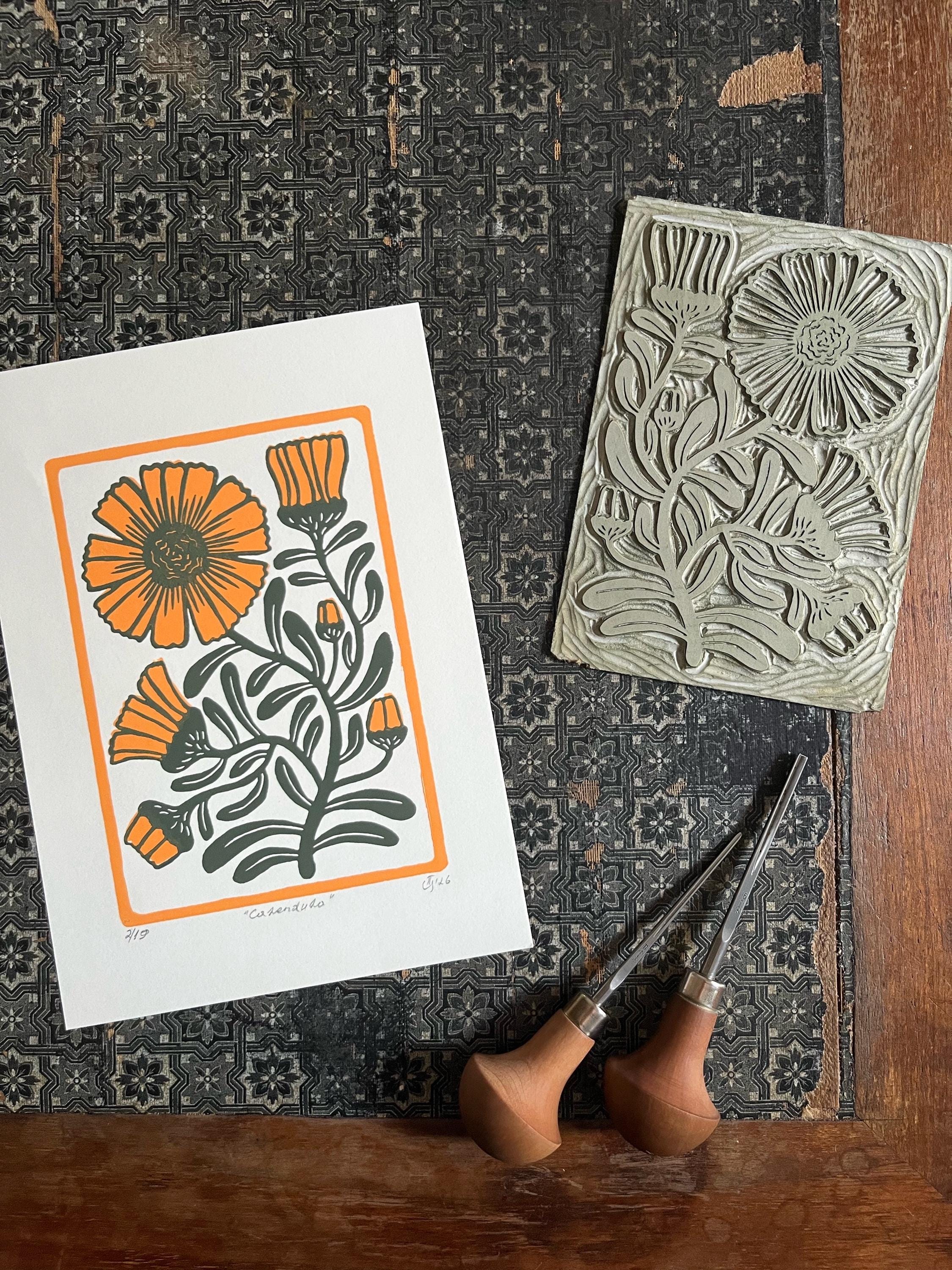 Limited edition hand-carved two-colour linocut print “Calendula Flower“ + Seeds