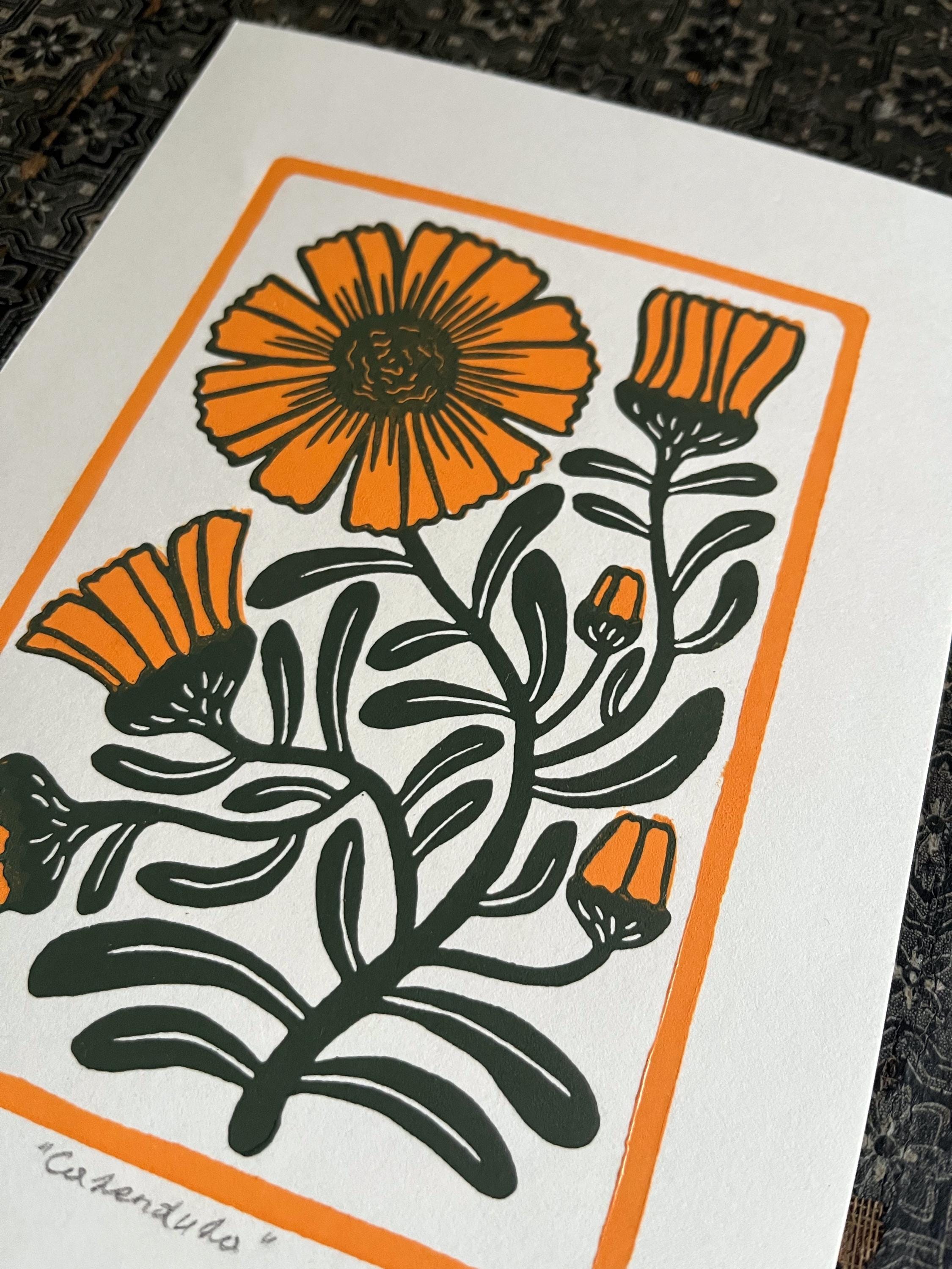 Limited edition hand-carved two-colour linocut print “Calendula Flower“ + Seeds