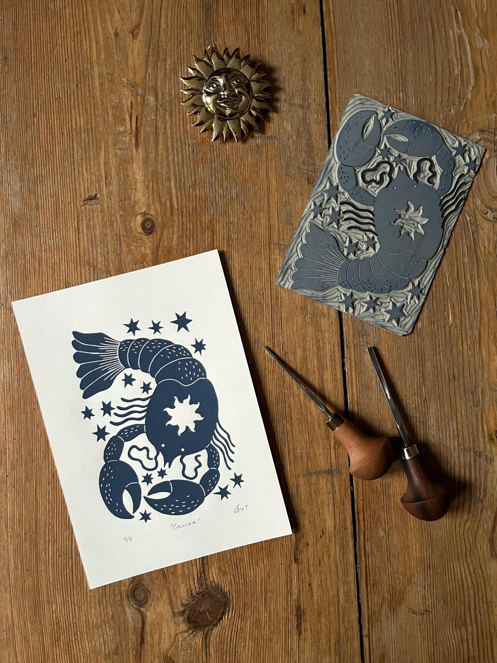 Hand carved original linocut print “Zodiac Sign. Cancer”
