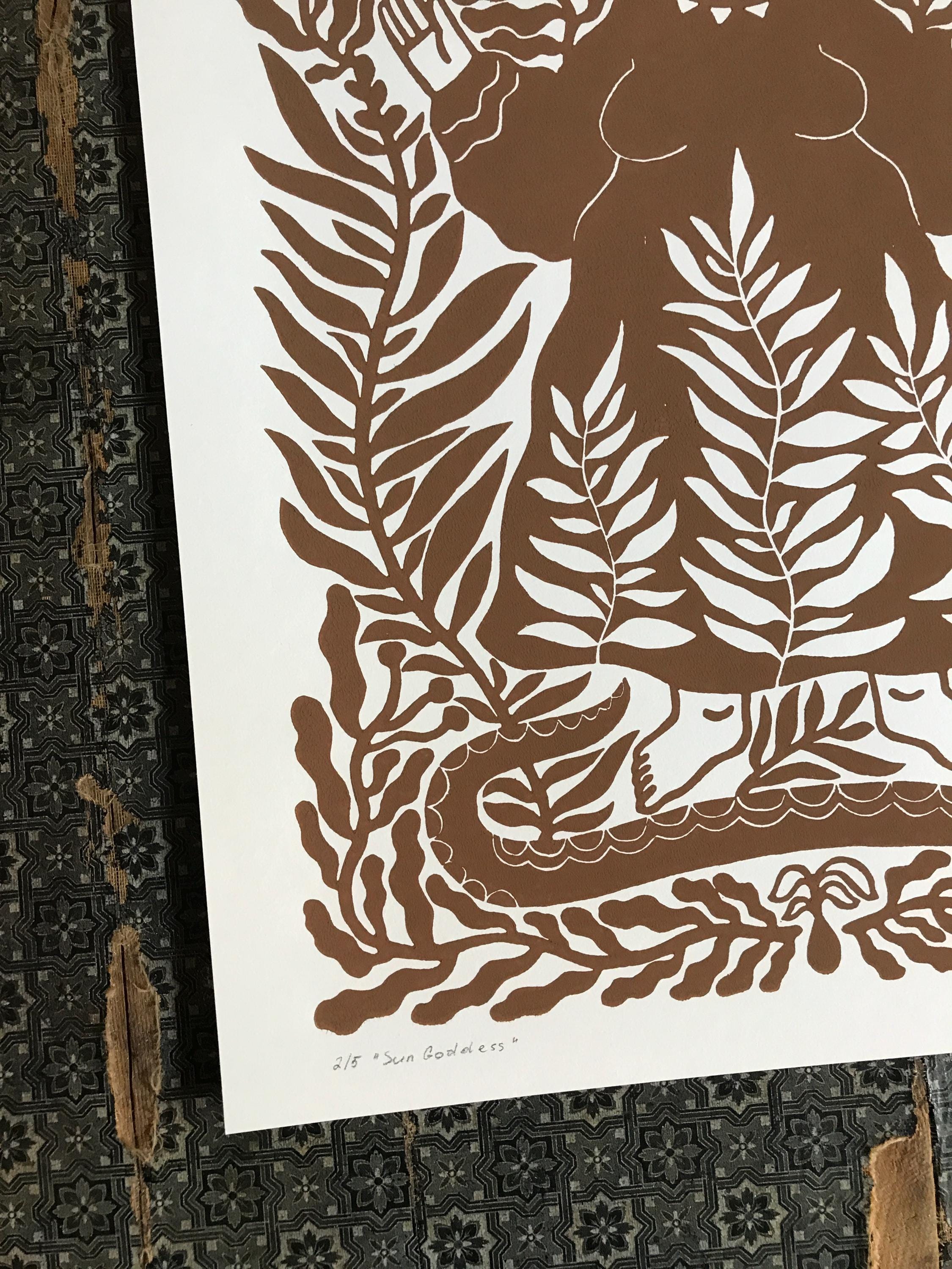 Hand-printed linocut “Sun Goddess”