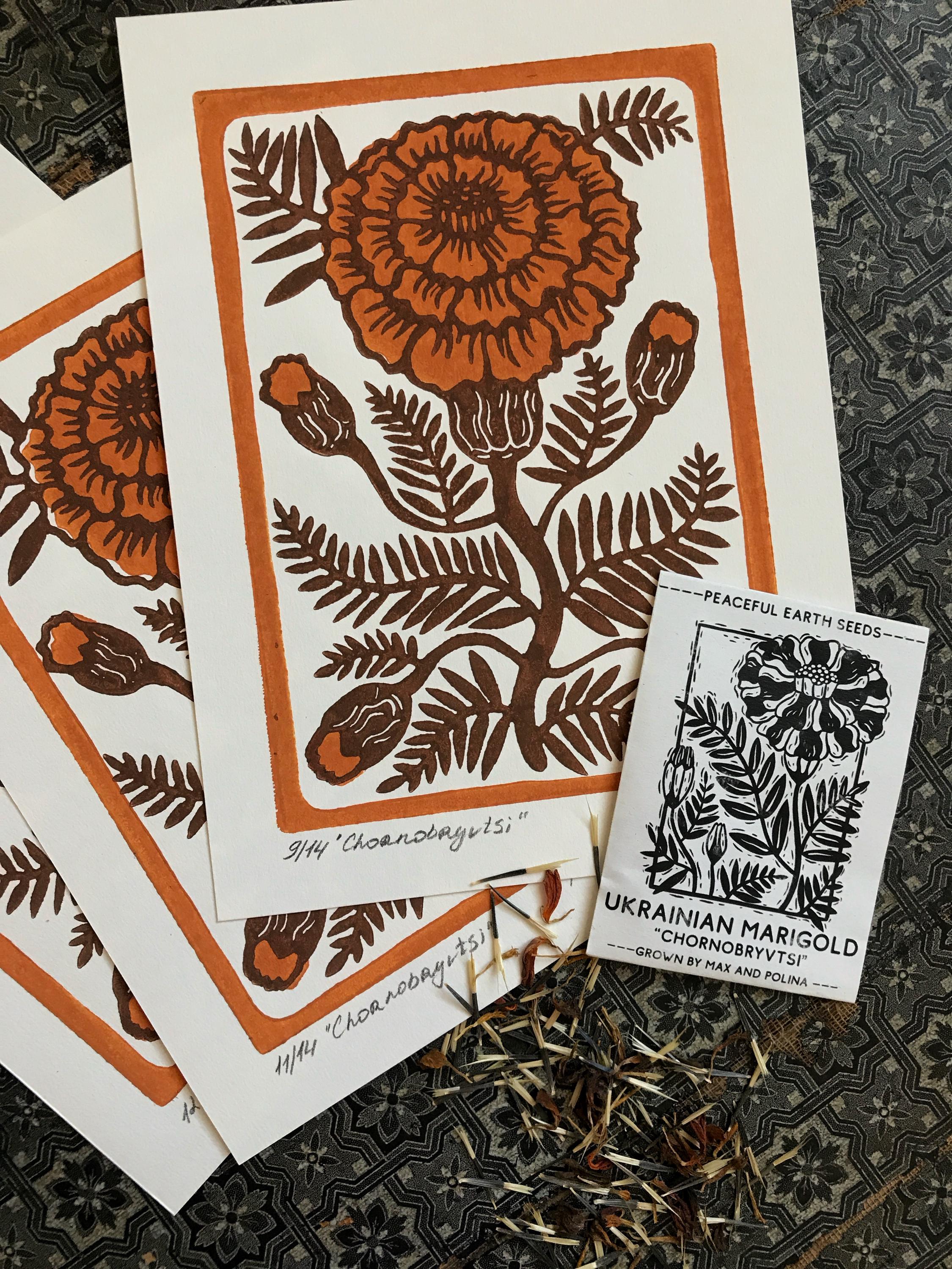 Limited edition hand-carved two-colour linocut print “Marigold Flower“ + Seeds