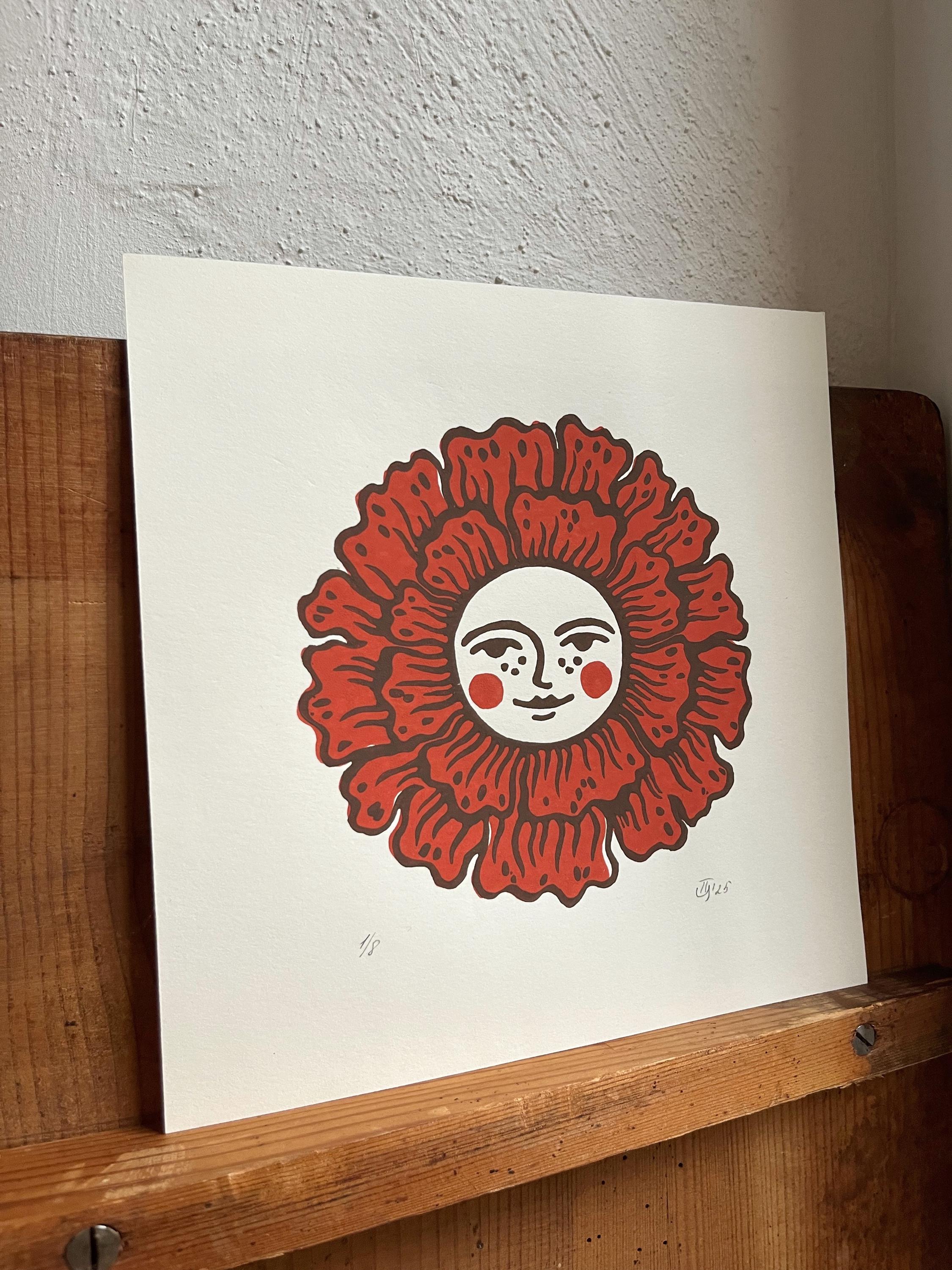Hand-carved two-colour relief print “Happy Flower“