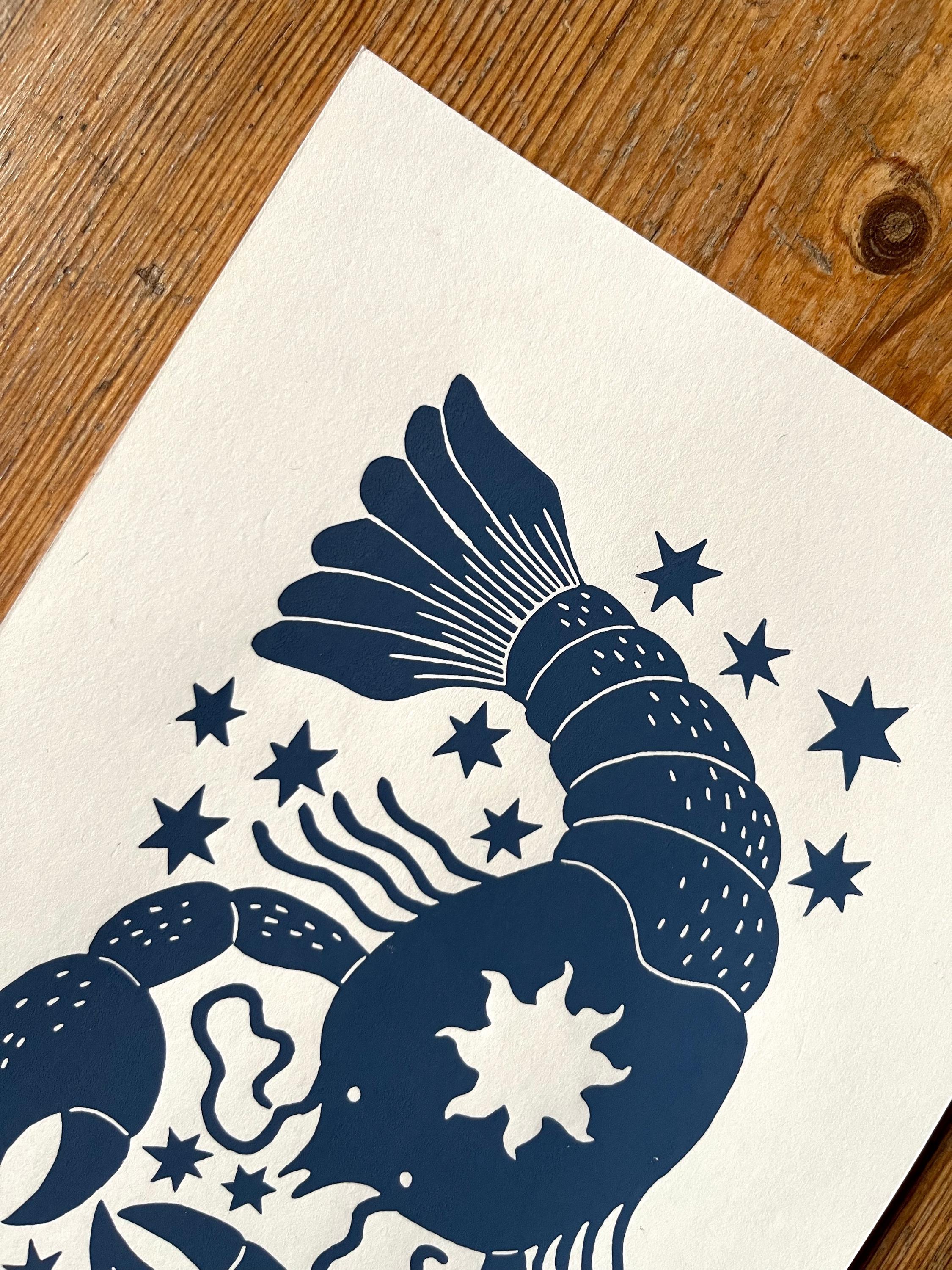 Hand carved original linocut print “Zodiac Sign. Cancer”