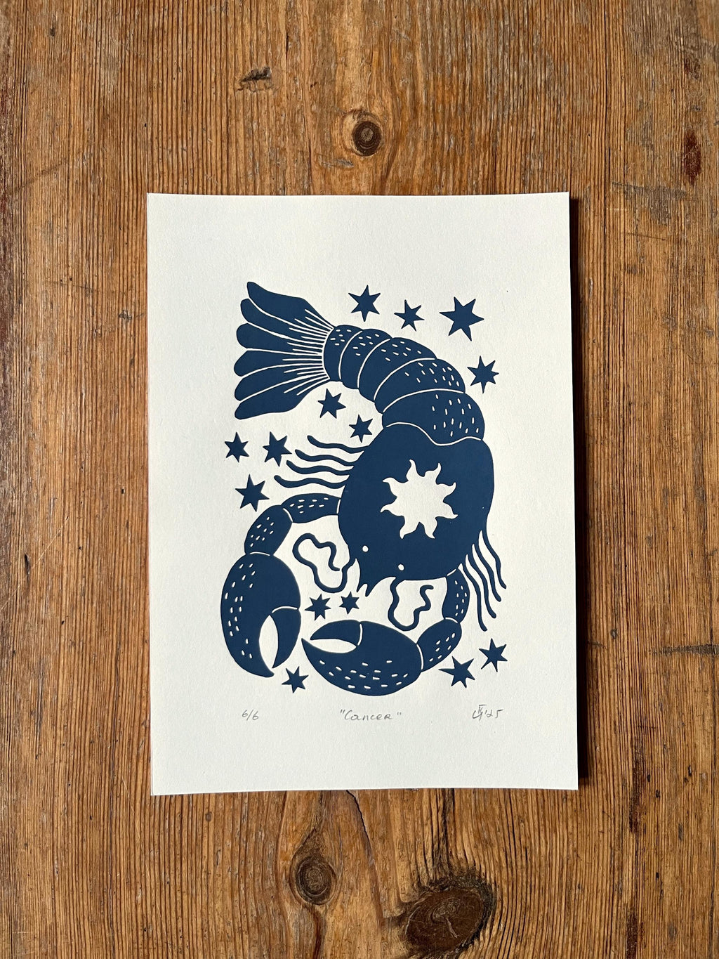 Hand carved original linocut print “Zodiac Sign. Cancer”