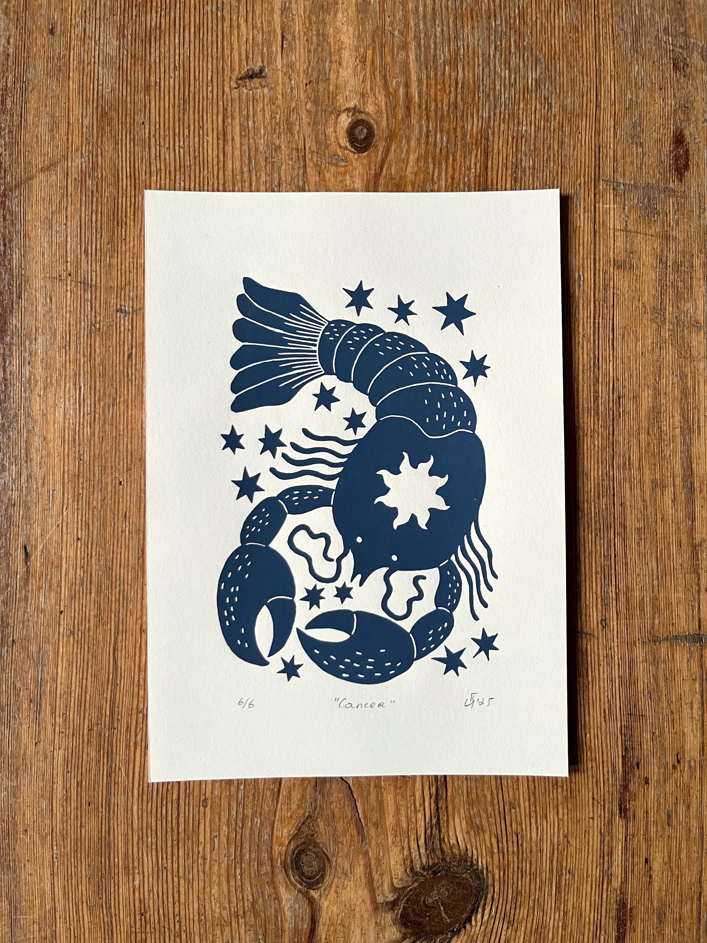 Hand carved original linocut print “Zodiac Sign. Cancer”