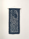 Mermaid and Moon, hand-printed tapestry, vintage linen and linocut print