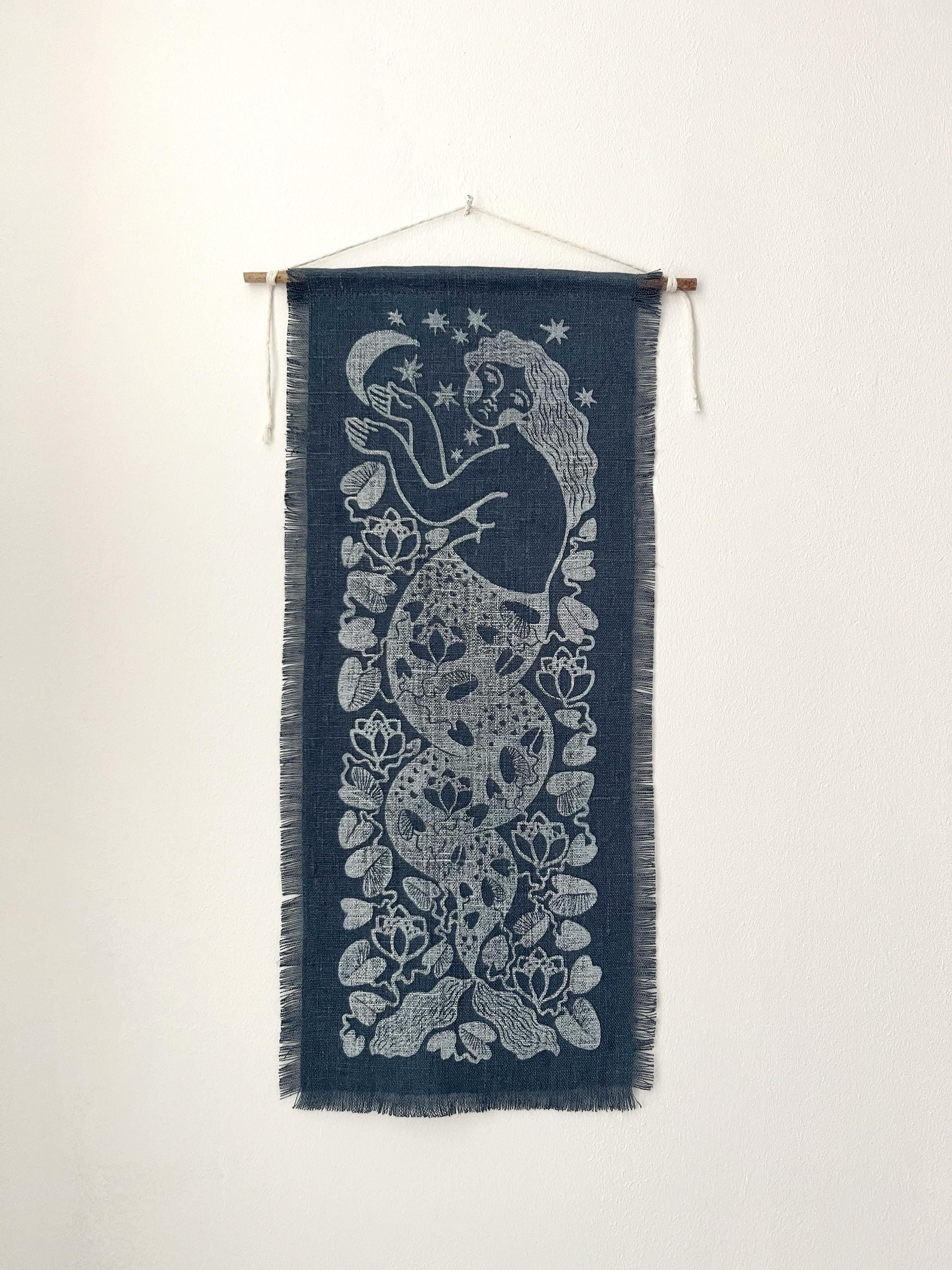 Mermaid and Moon, hand-printed tapestry, vintage linen and linocut print