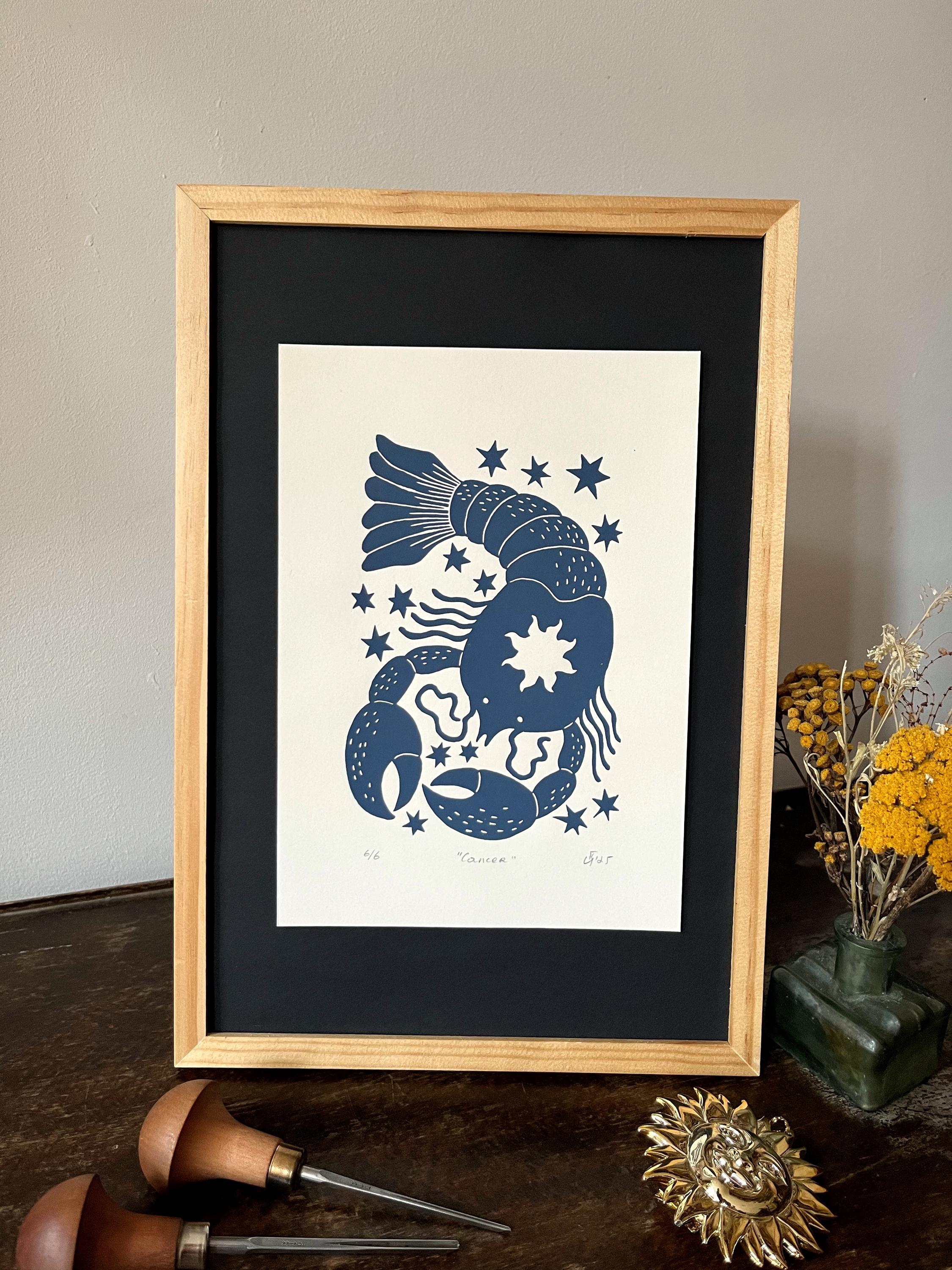 Hand carved original linocut print “Zodiac Sign. Cancer”