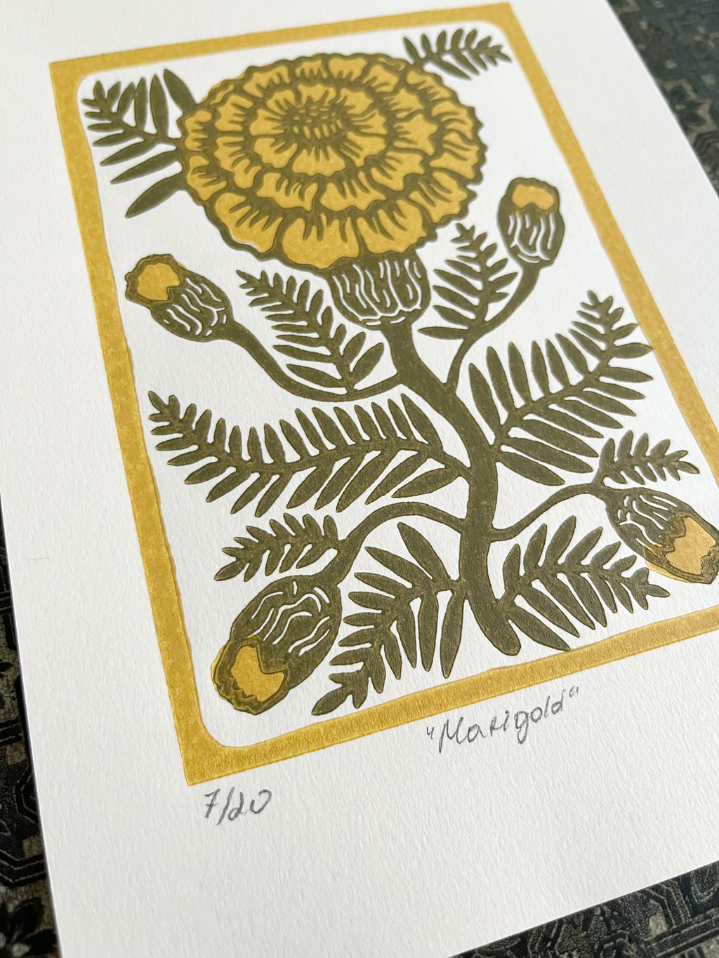 Limited edition hand-carved two-colour linocut print “Marigold Flower“ + Seeds