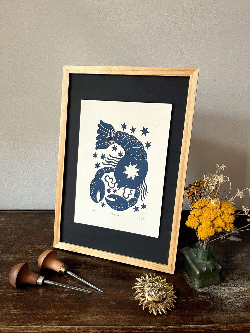Hand carved original linocut print “Zodiac Sign. Cancer”