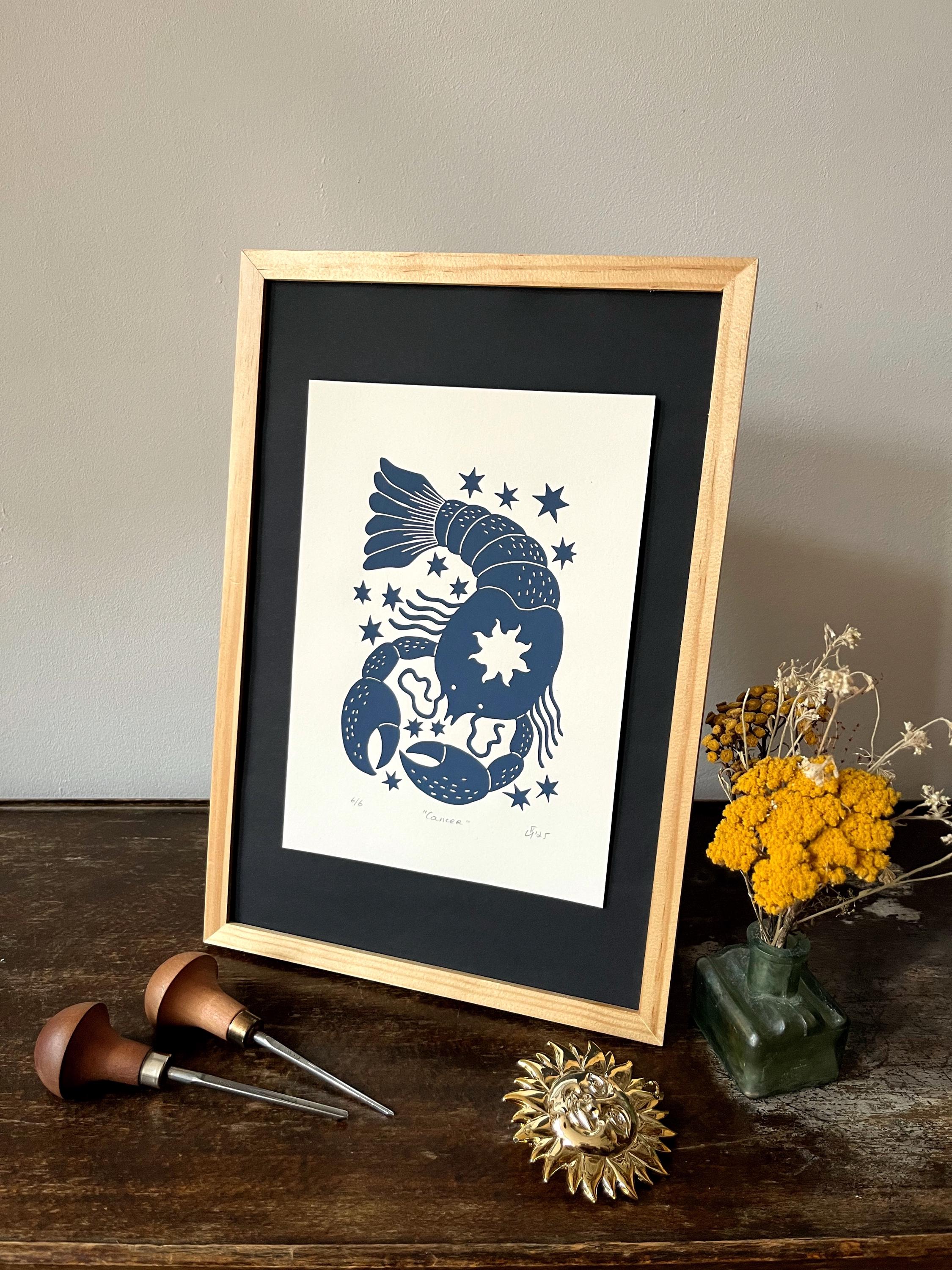 Hand carved original linocut print “Zodiac Sign. Cancer”
