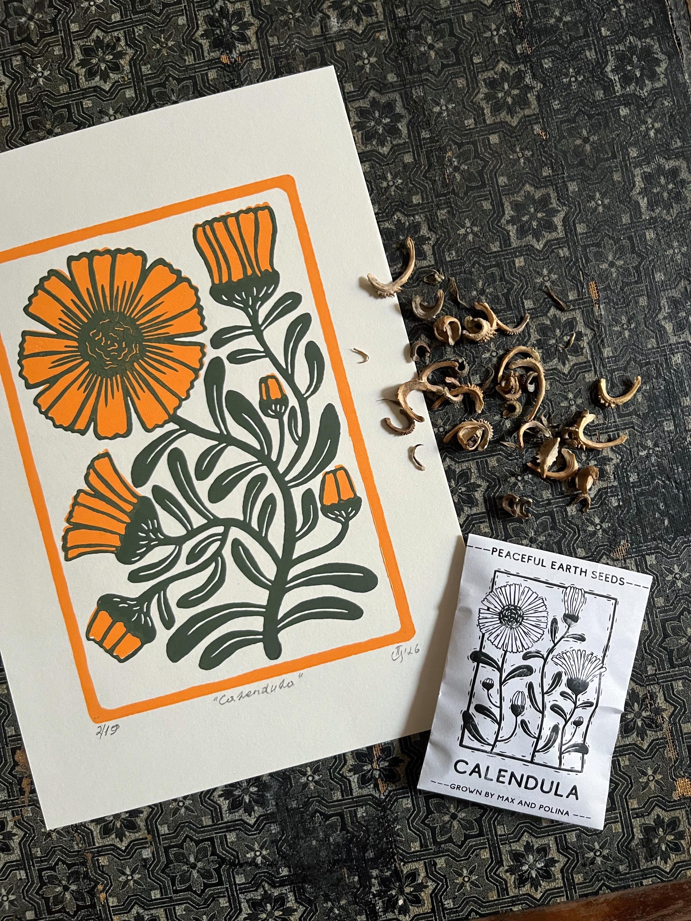 Limited edition hand-carved two-colour linocut print “Calendula Flower“ + Seeds
