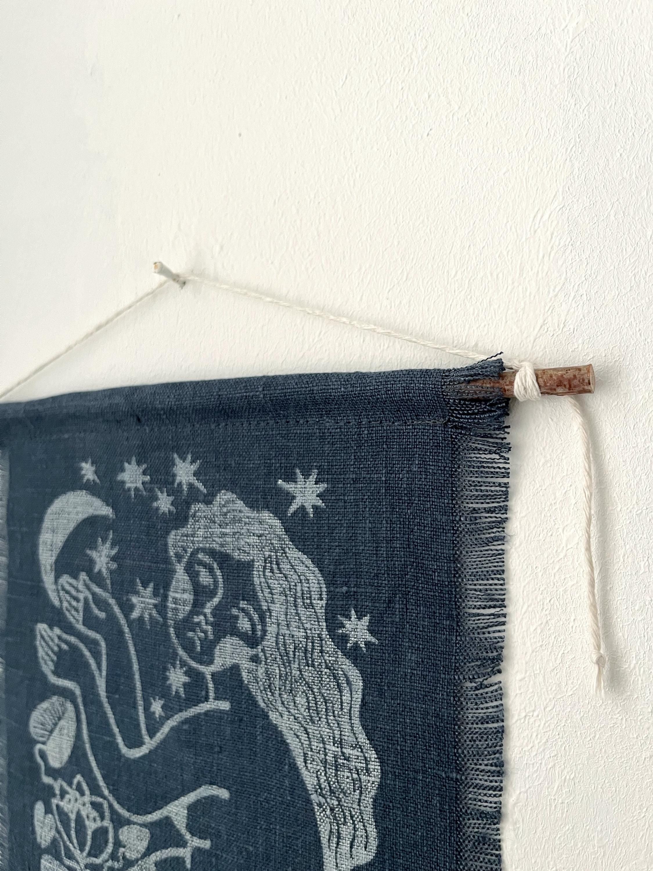 Mermaid and Moon, hand-printed tapestry, vintage linen and linocut print