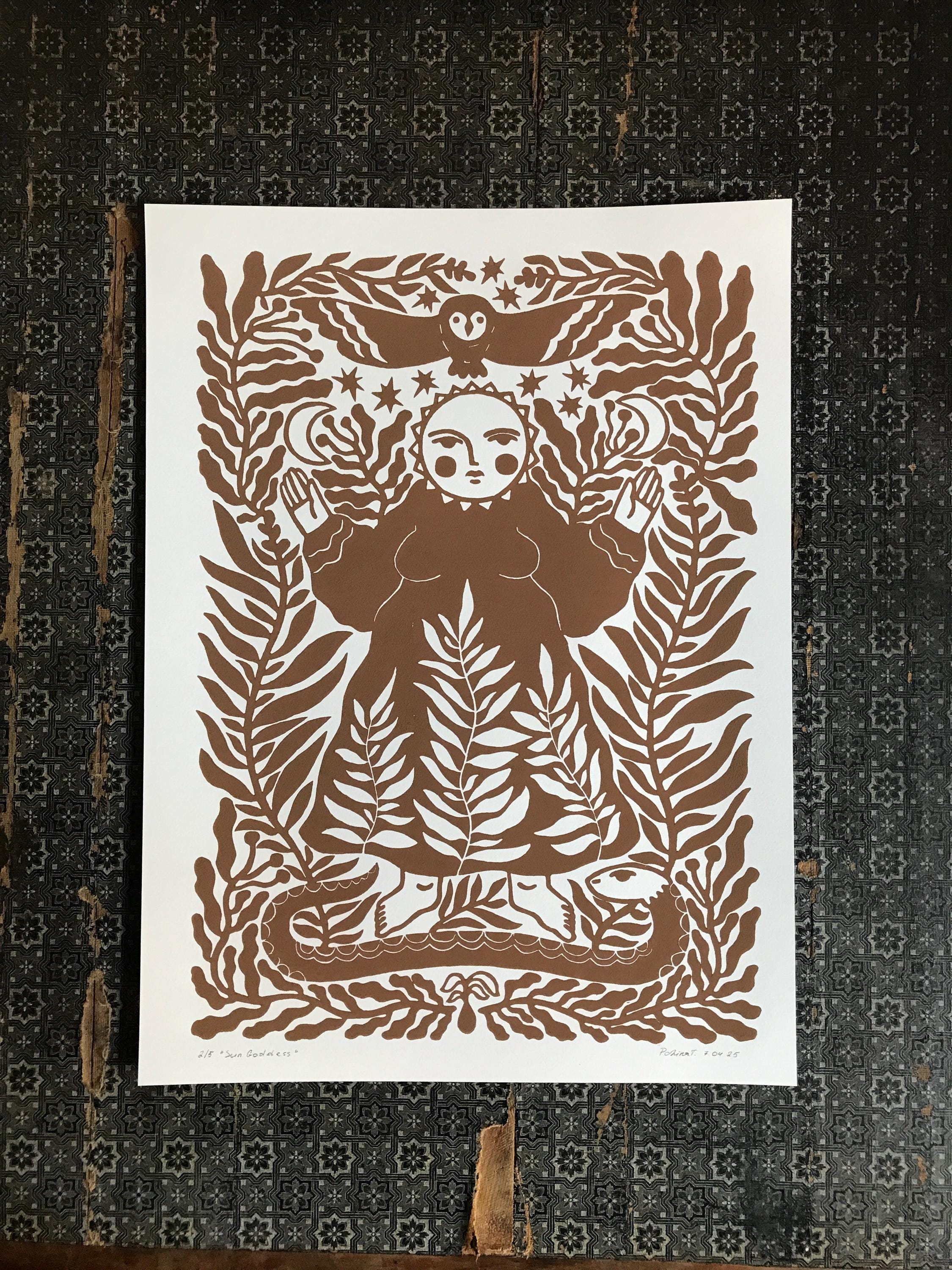 Hand-printed linocut “Sun Goddess”