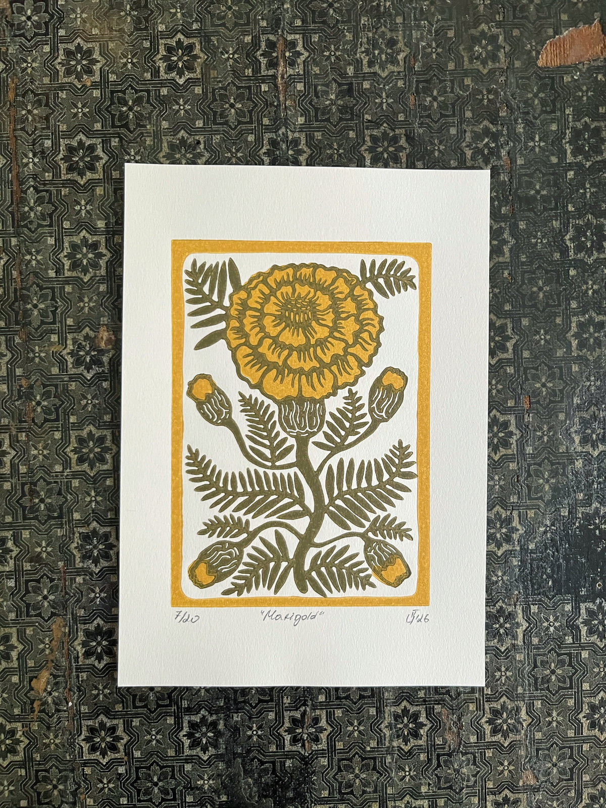 Limited edition hand-carved two-colour linocut print “Marigold Flower“ + Seeds