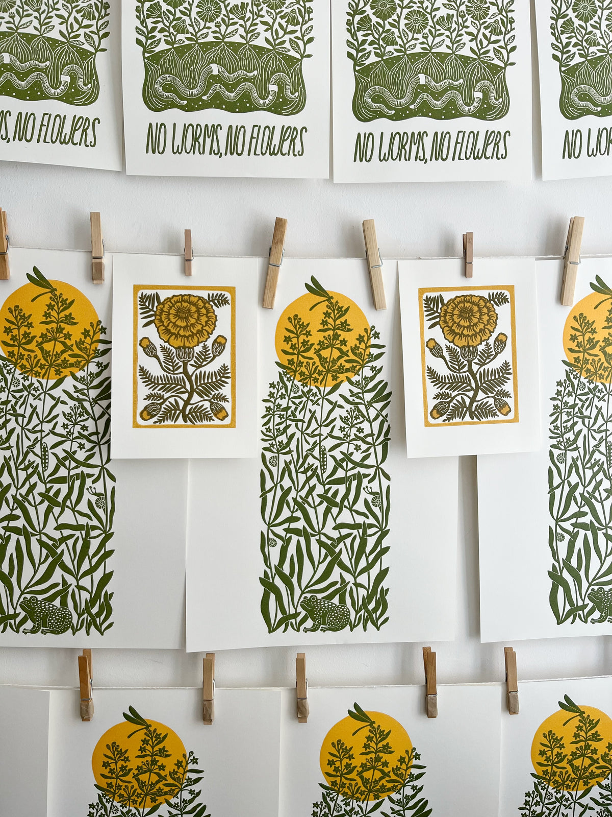 Limited edition hand-carved two-colour linocut print “Marigold Flower“ + Seeds