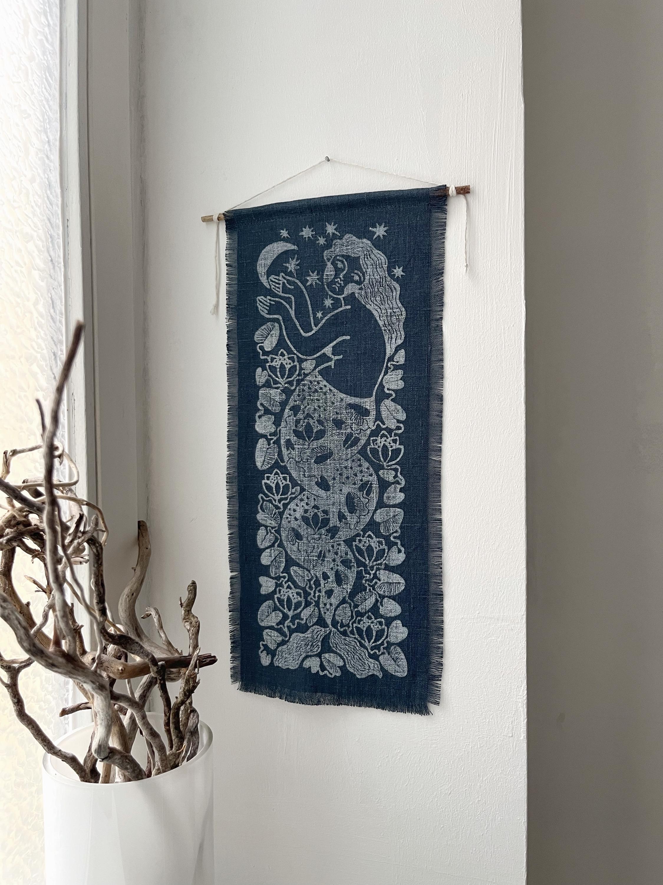 Mermaid and Moon, hand-printed tapestry, vintage linen and linocut print