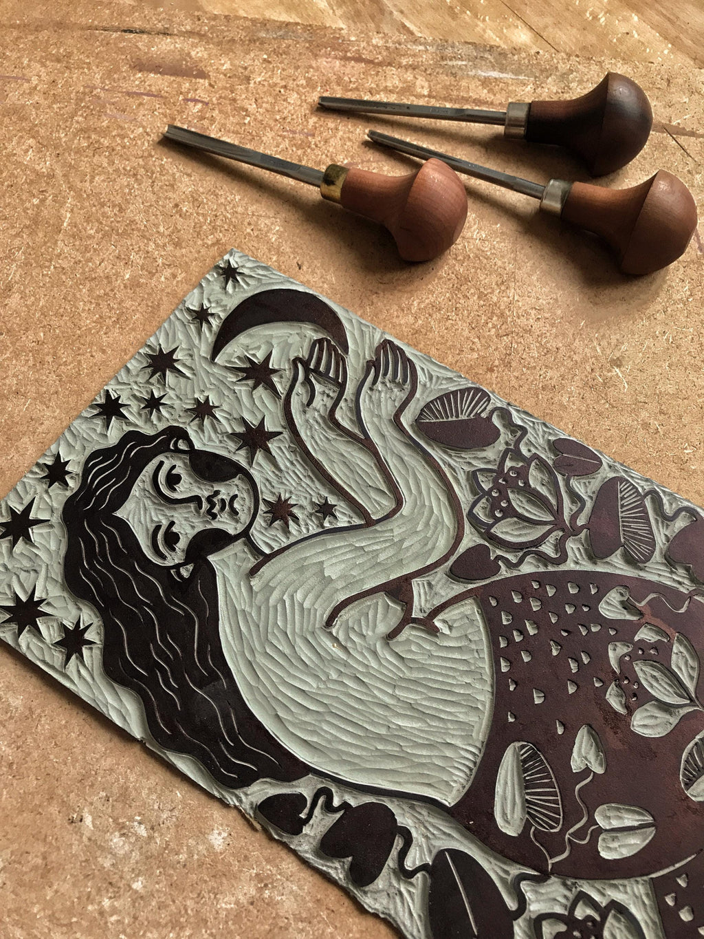 Hand-carved relief print “Mermaid and Moon”