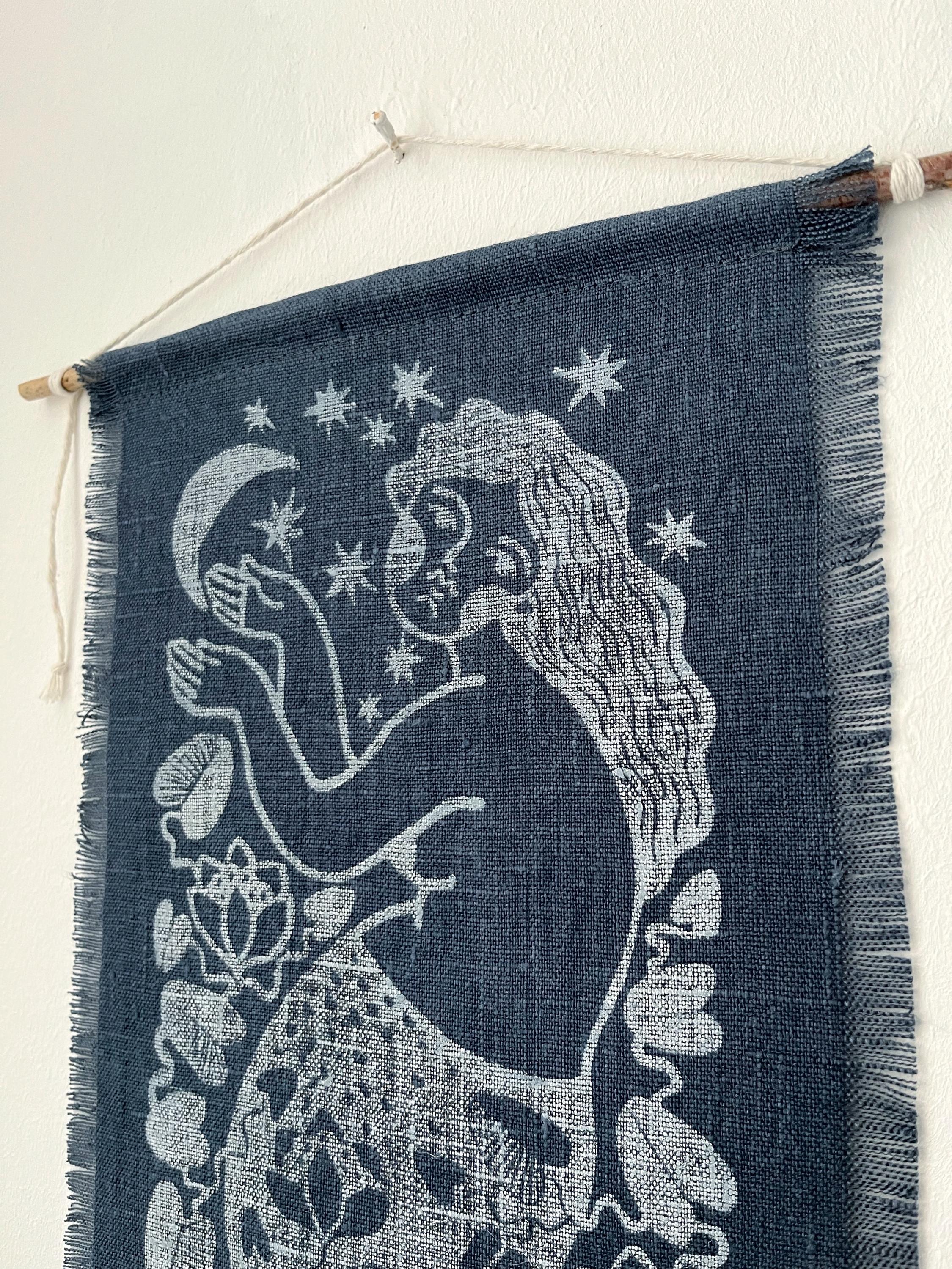 Mermaid and Moon, hand-printed tapestry, vintage linen and linocut print