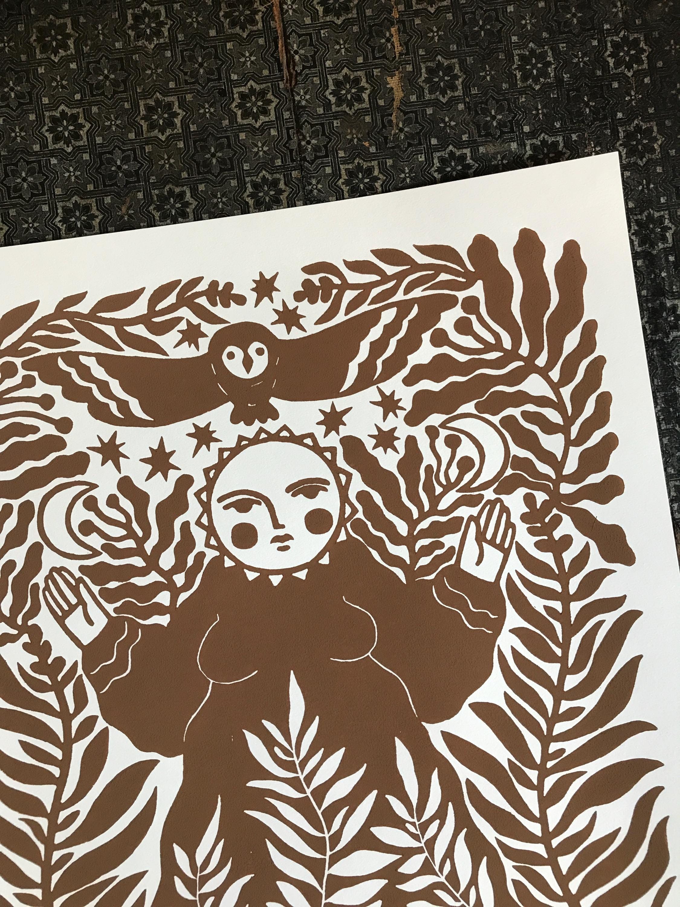 Hand-printed linocut “Sun Goddess”