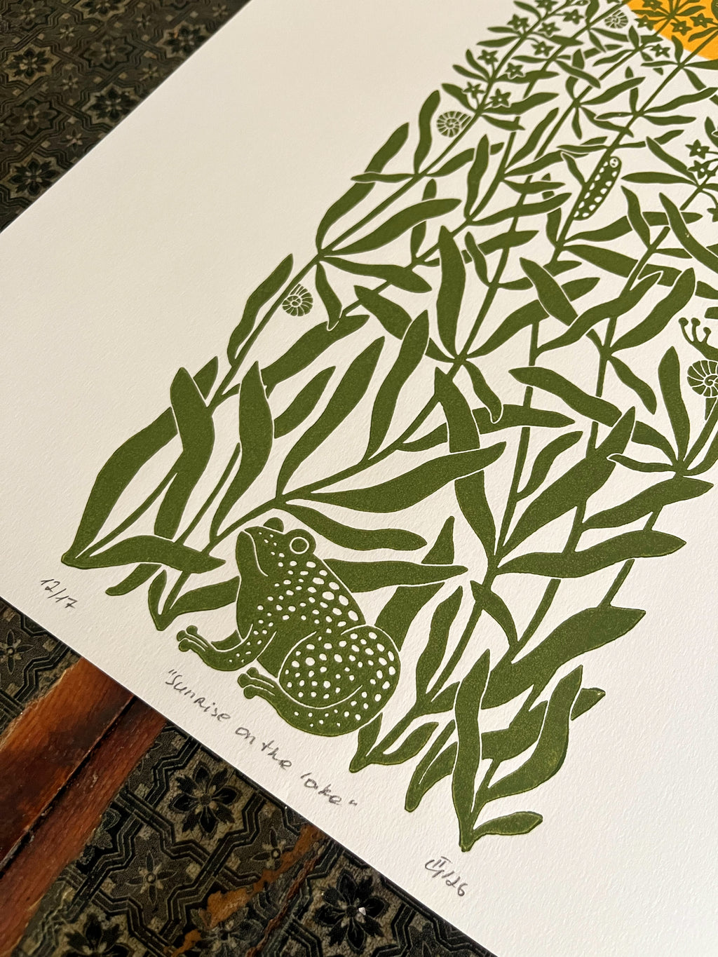 Original multiple-colour linocut print “Sunrise on the lake”