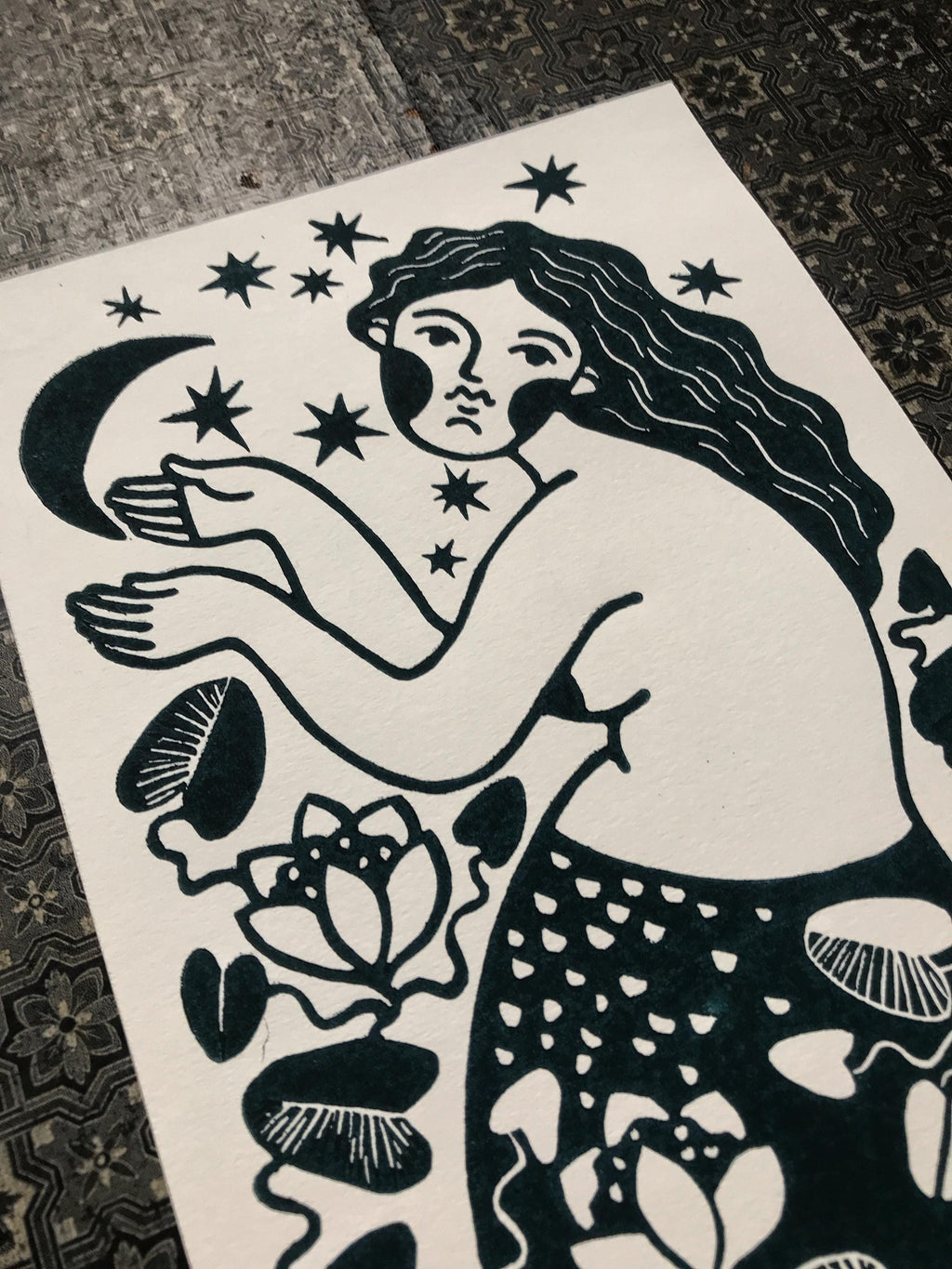 Hand-carved relief print “Mermaid and Moon”