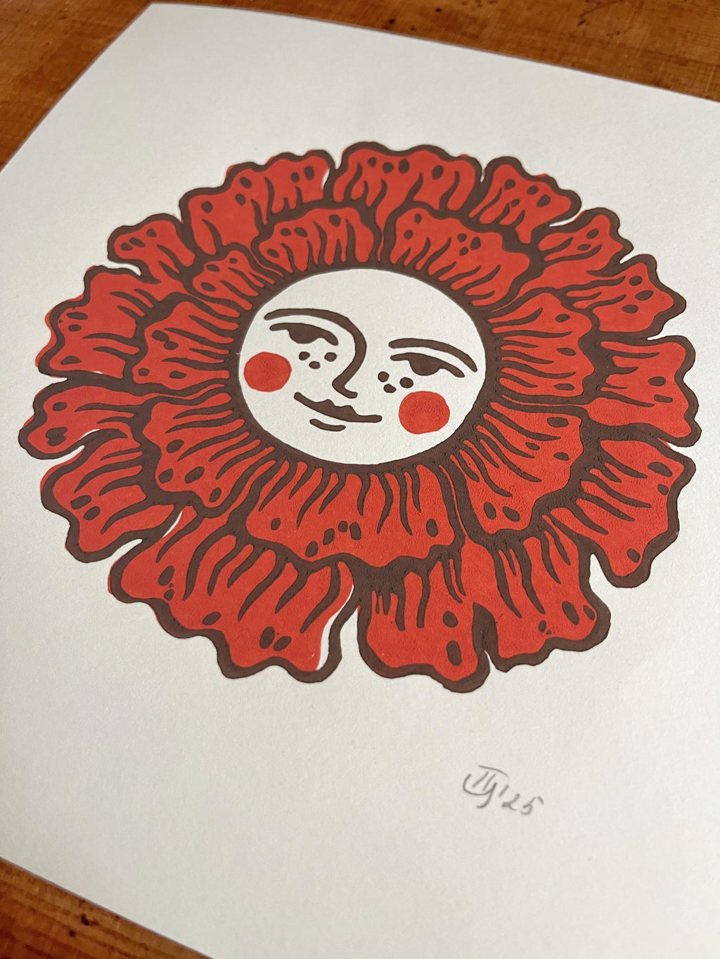 Hand-carved two-colour relief print “Happy Flower“