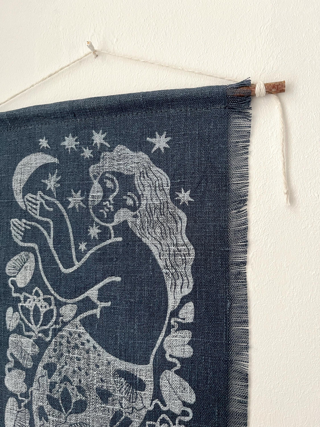 Mermaid and Moon, hand-printed tapestry, vintage linen and linocut print