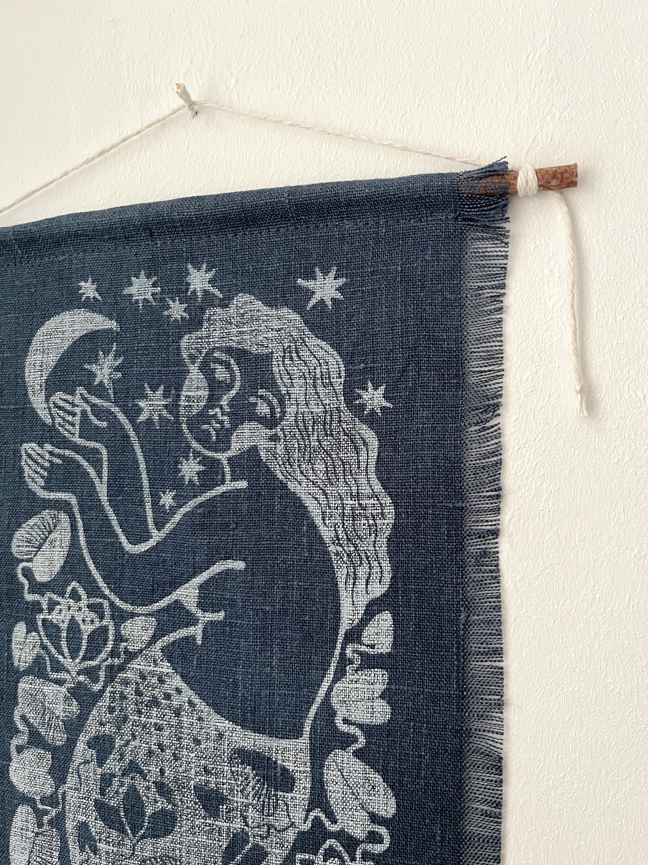 Mermaid and Moon, hand-printed tapestry, vintage linen and linocut print