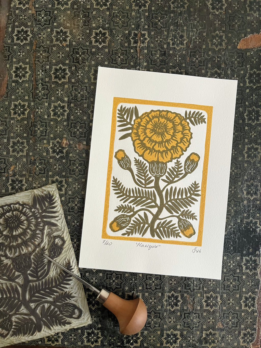 Limited edition hand-carved two-colour linocut print “Marigold Flower“ + Seeds