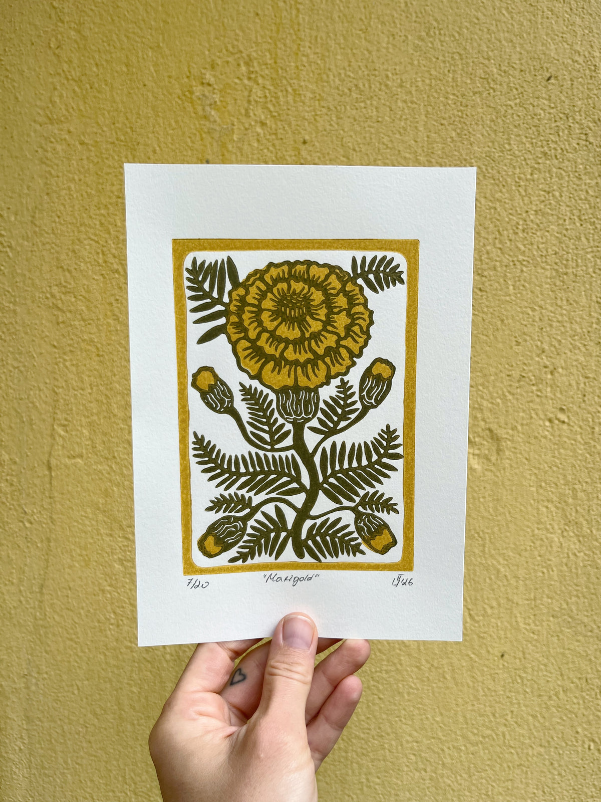 Limited edition hand-carved two-colour linocut print “Marigold Flower“ + Seeds