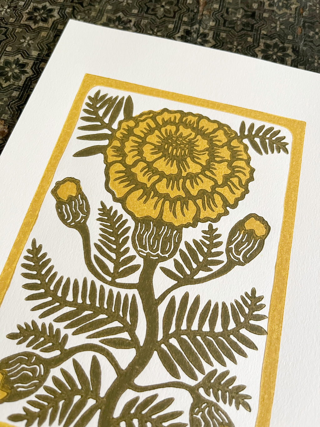 Limited edition hand-carved two-colour linocut print “Marigold Flower“ + Seeds