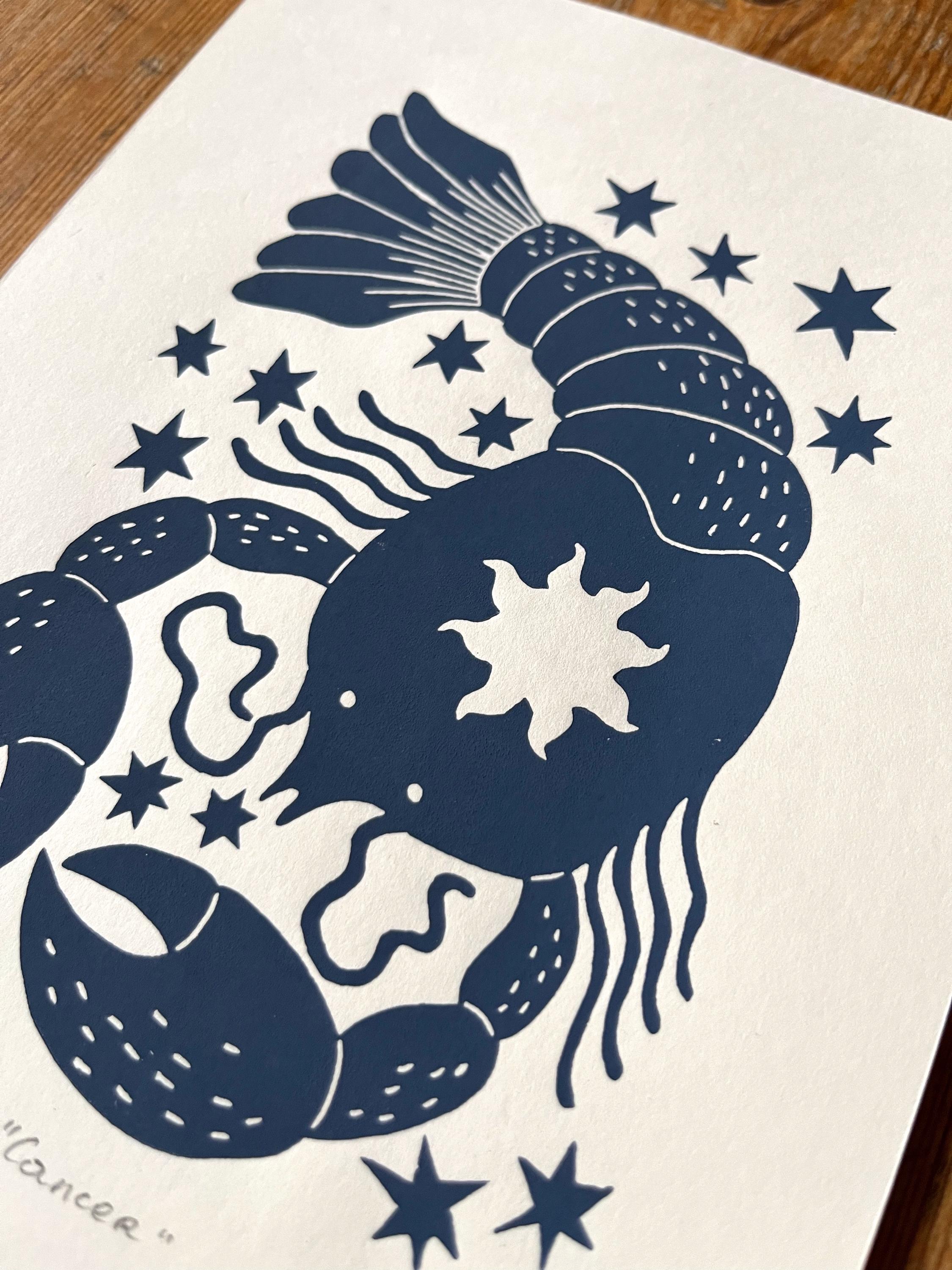 Hand carved original linocut print “Zodiac Sign. Cancer”