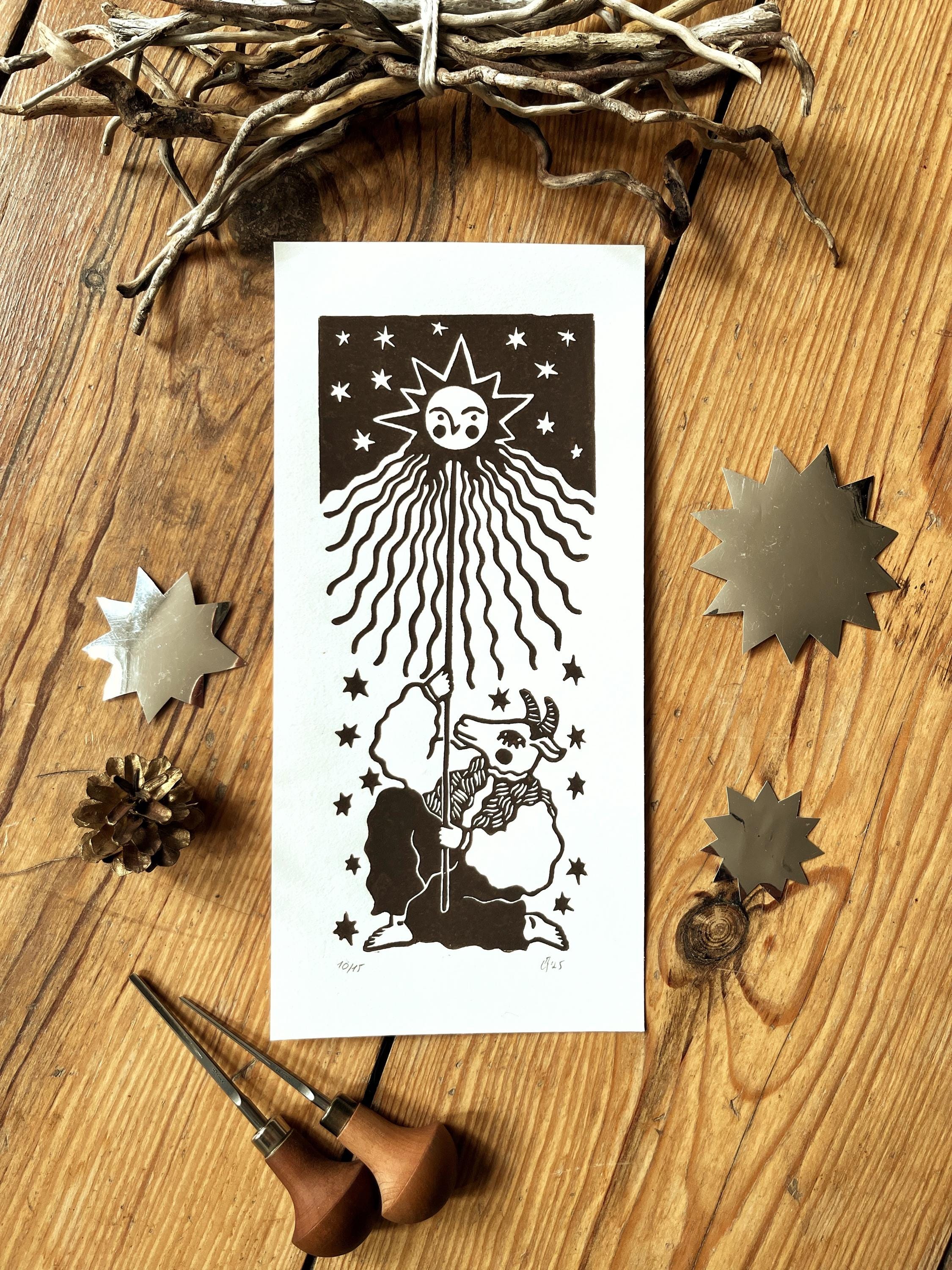 Original linocut print “Goat Dance”