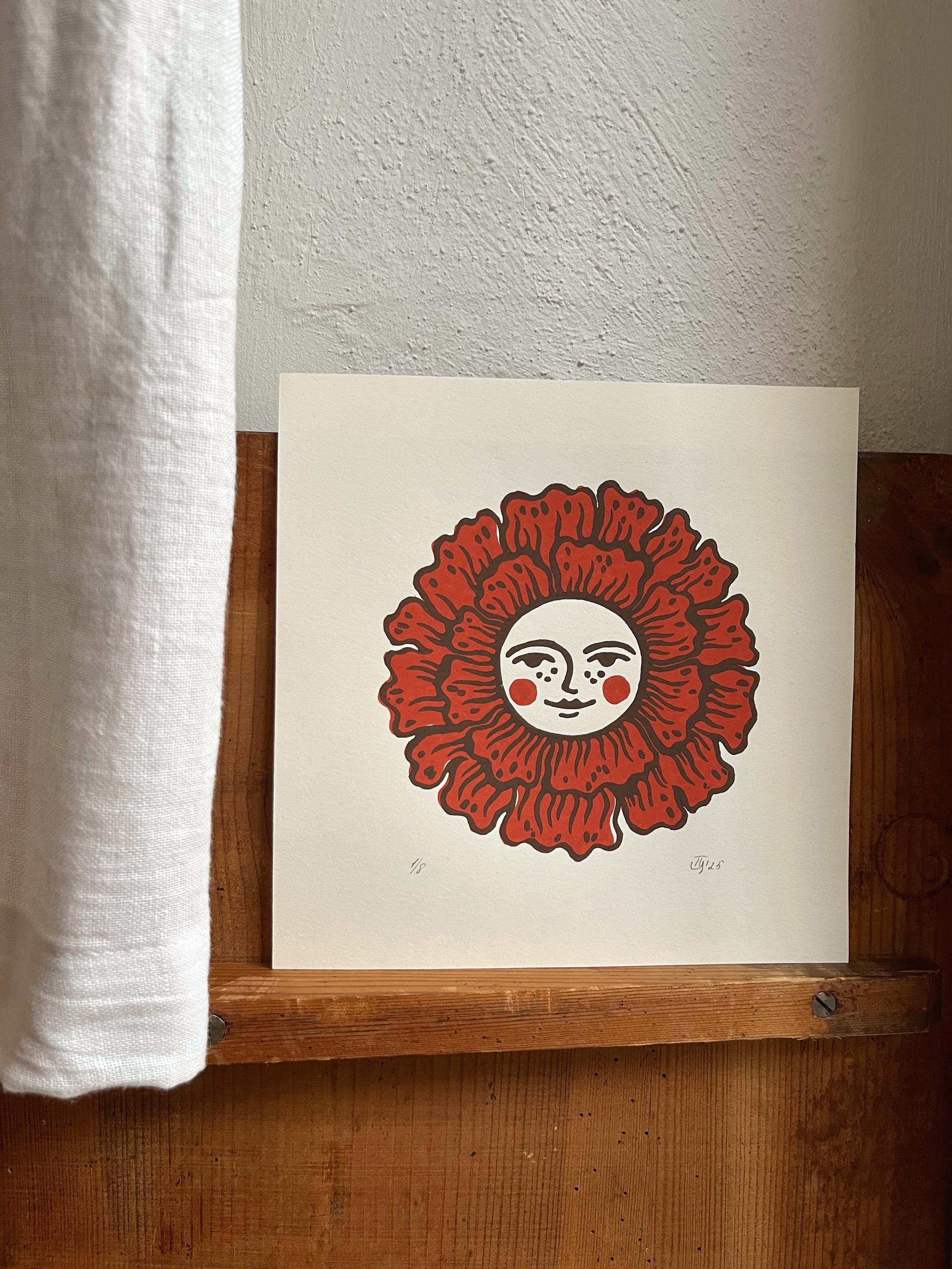 Hand-carved two-colour relief print “Happy Flower“
