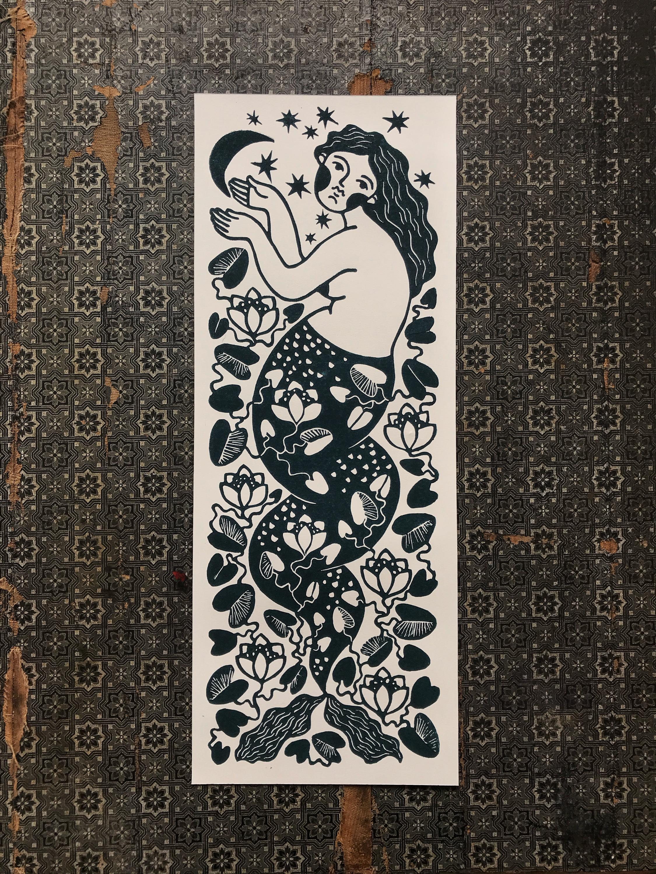 Hand-carved relief print “Mermaid and Moon”
