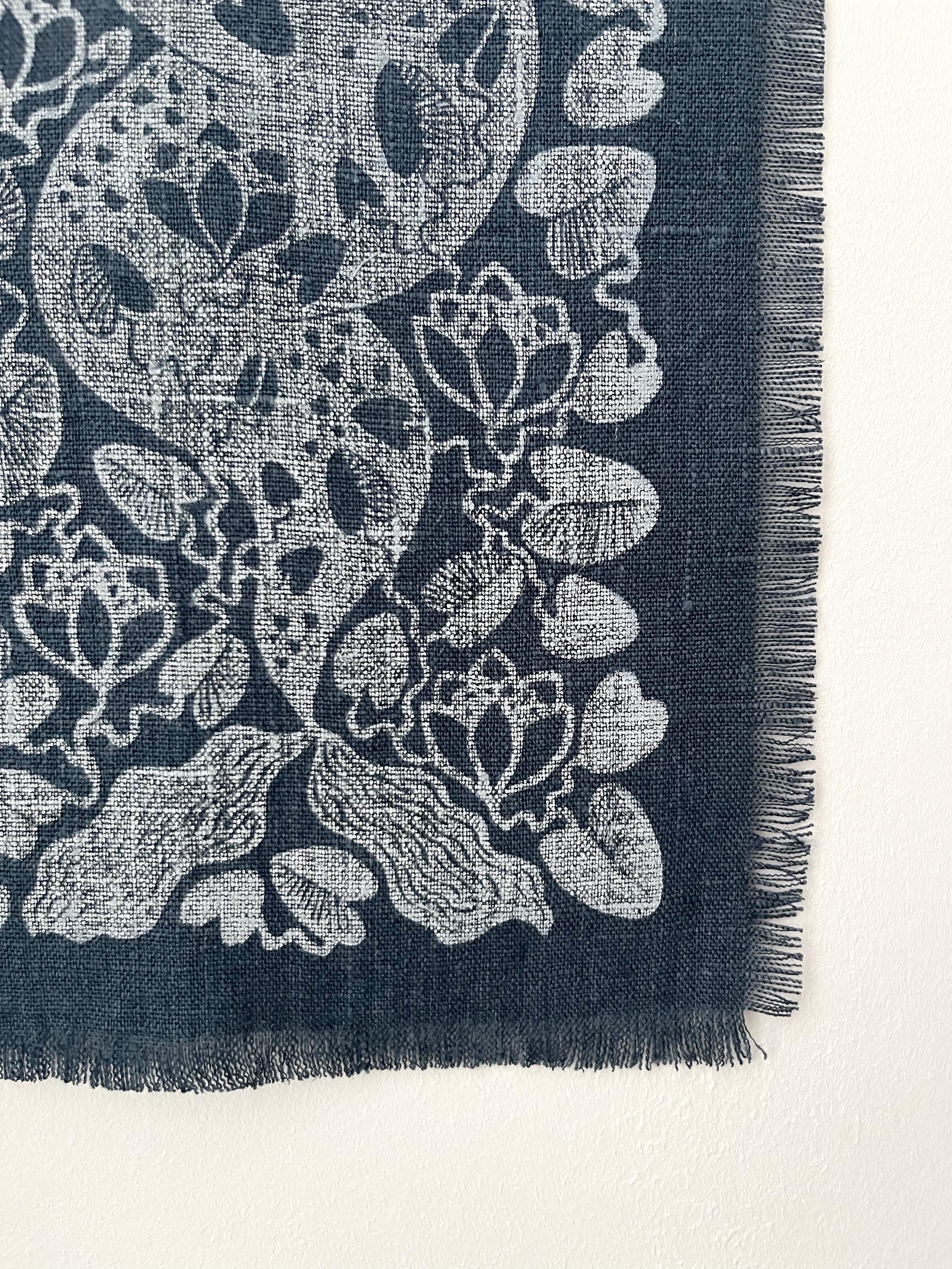 Mermaid and Moon, hand-printed tapestry, vintage linen and linocut print