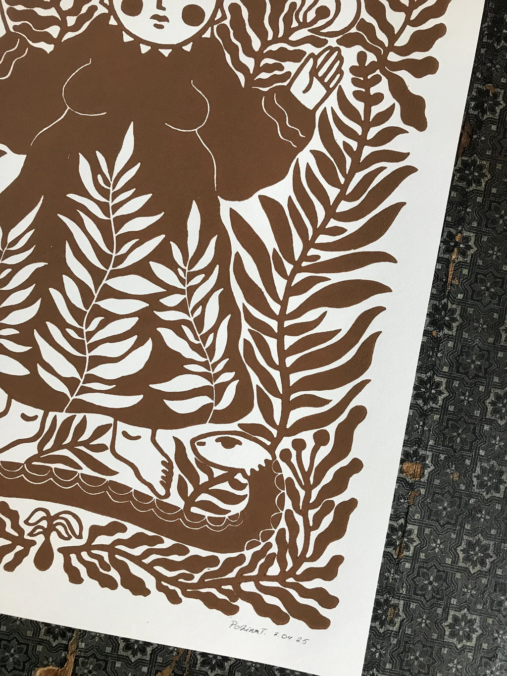 Hand-printed linocut “Sun Goddess”